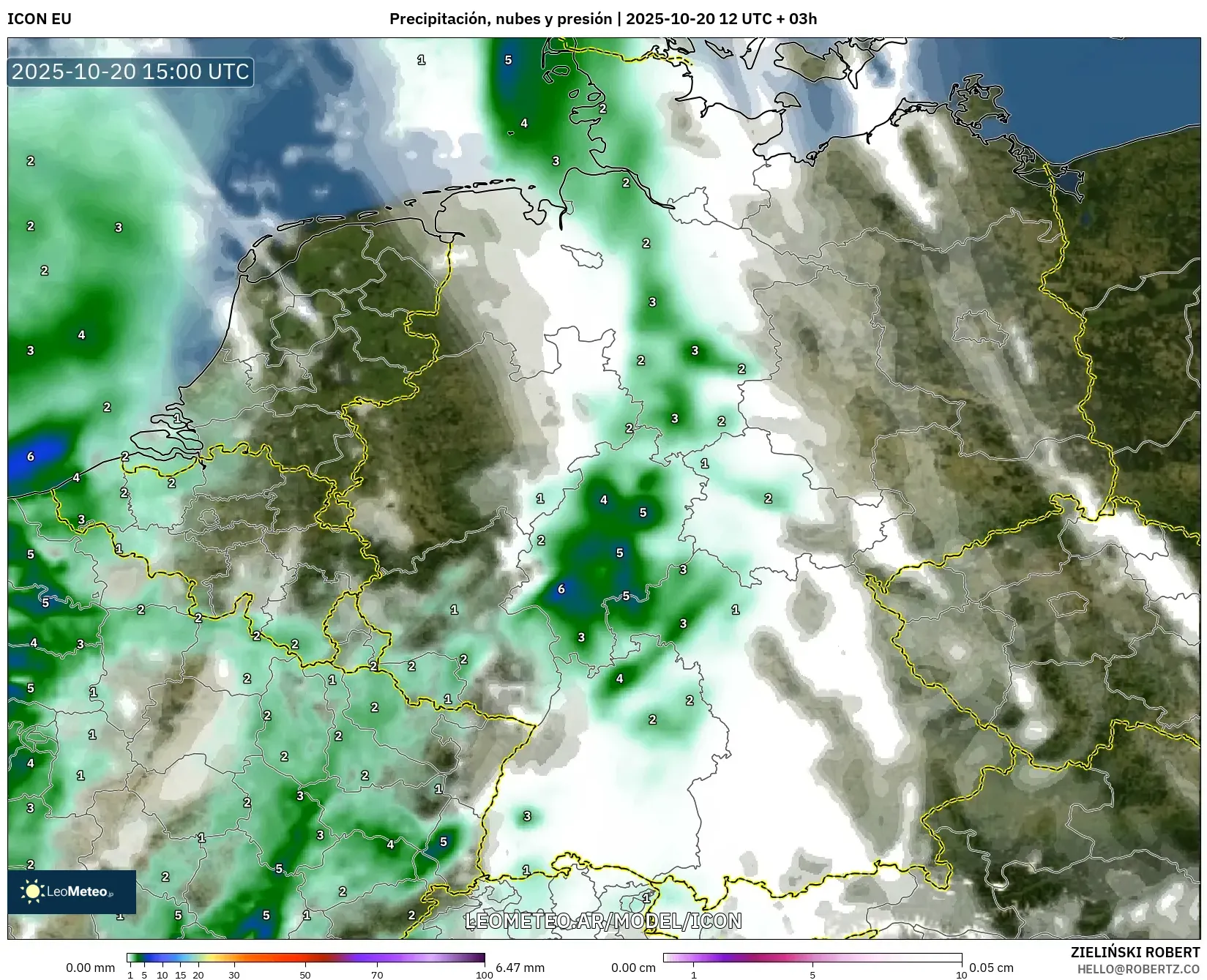 ICON model - Alemania, Precipitación, nubes y presión ICON model - Alemania, Precipitación, nubes y presión