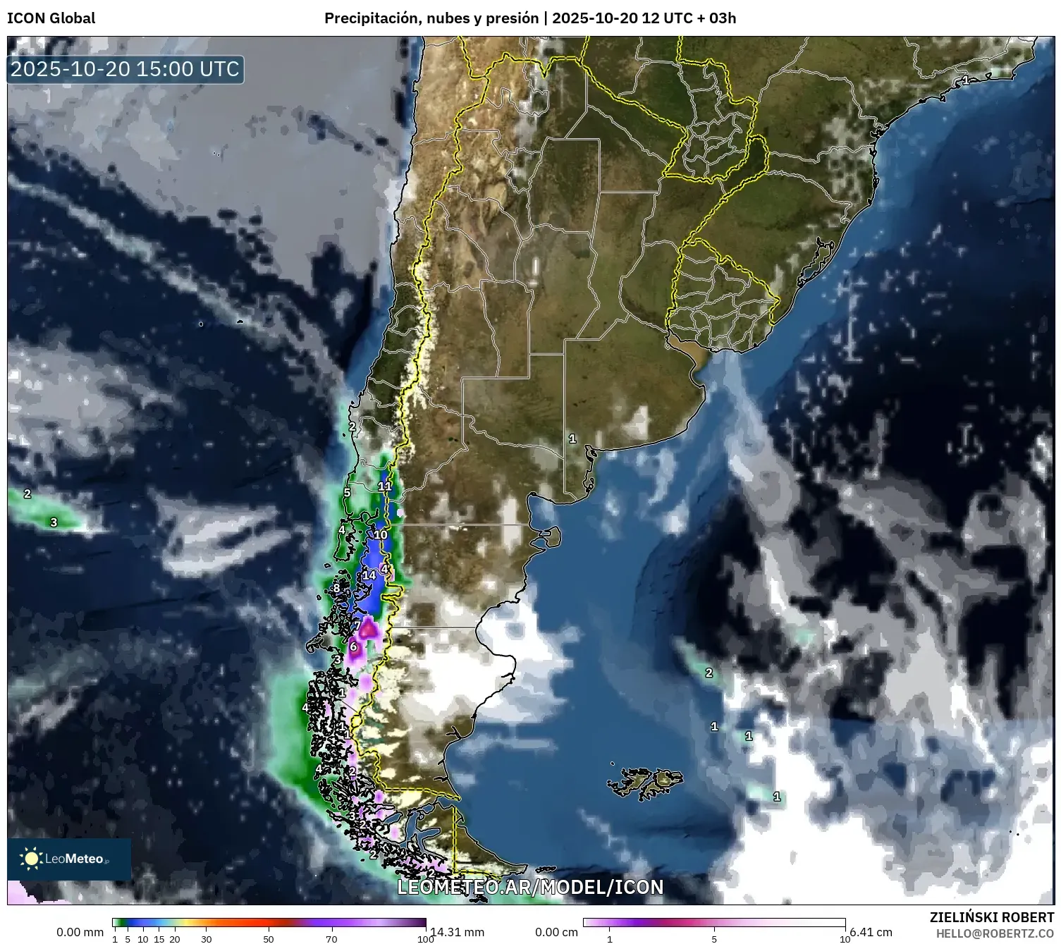 ICON model - Argentina, Precipitación, nubes y presión ICON model - Argentina, Precipitación, nubes y presión