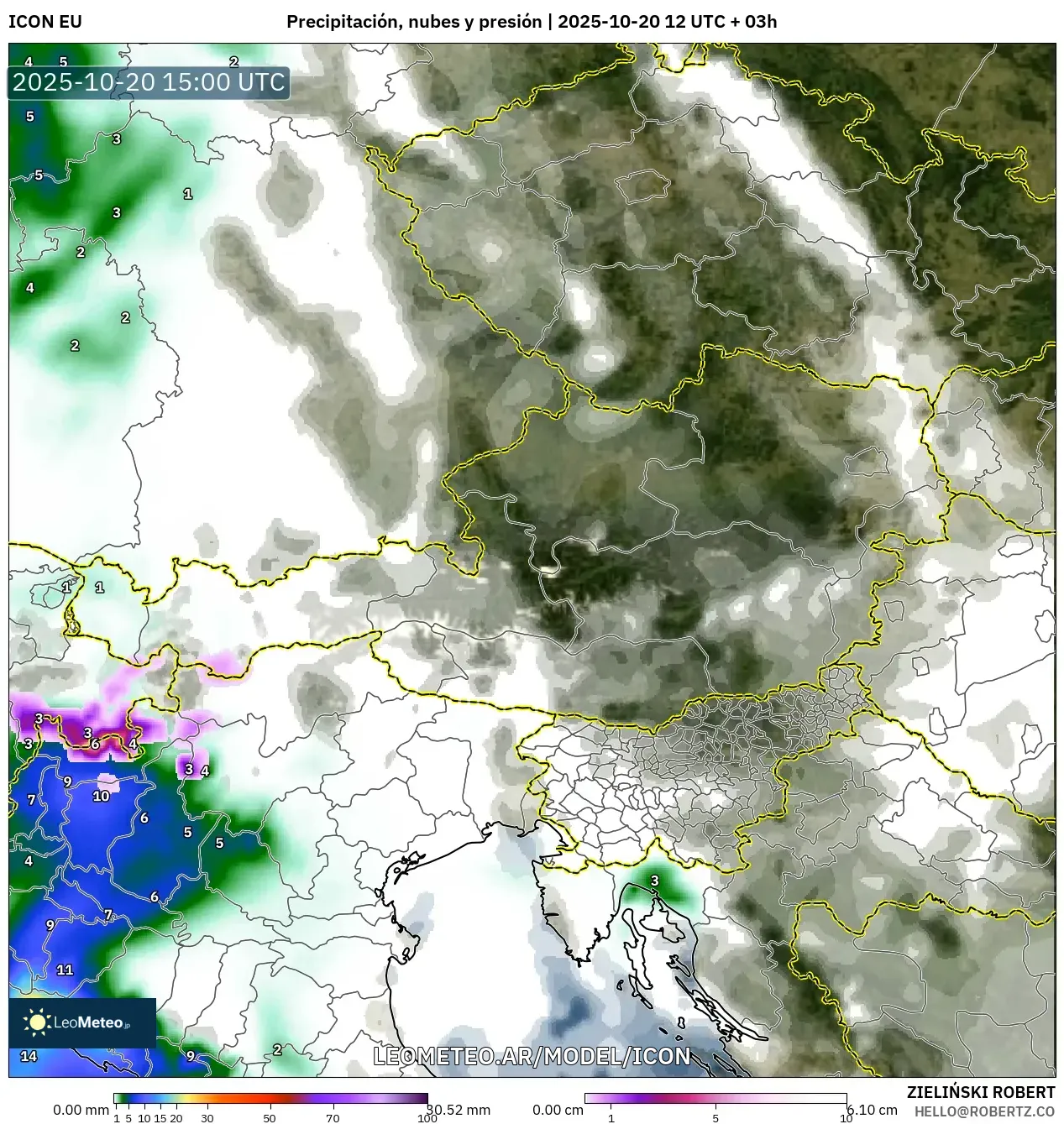 ICON model - Austria, Precipitación, nubes y presión