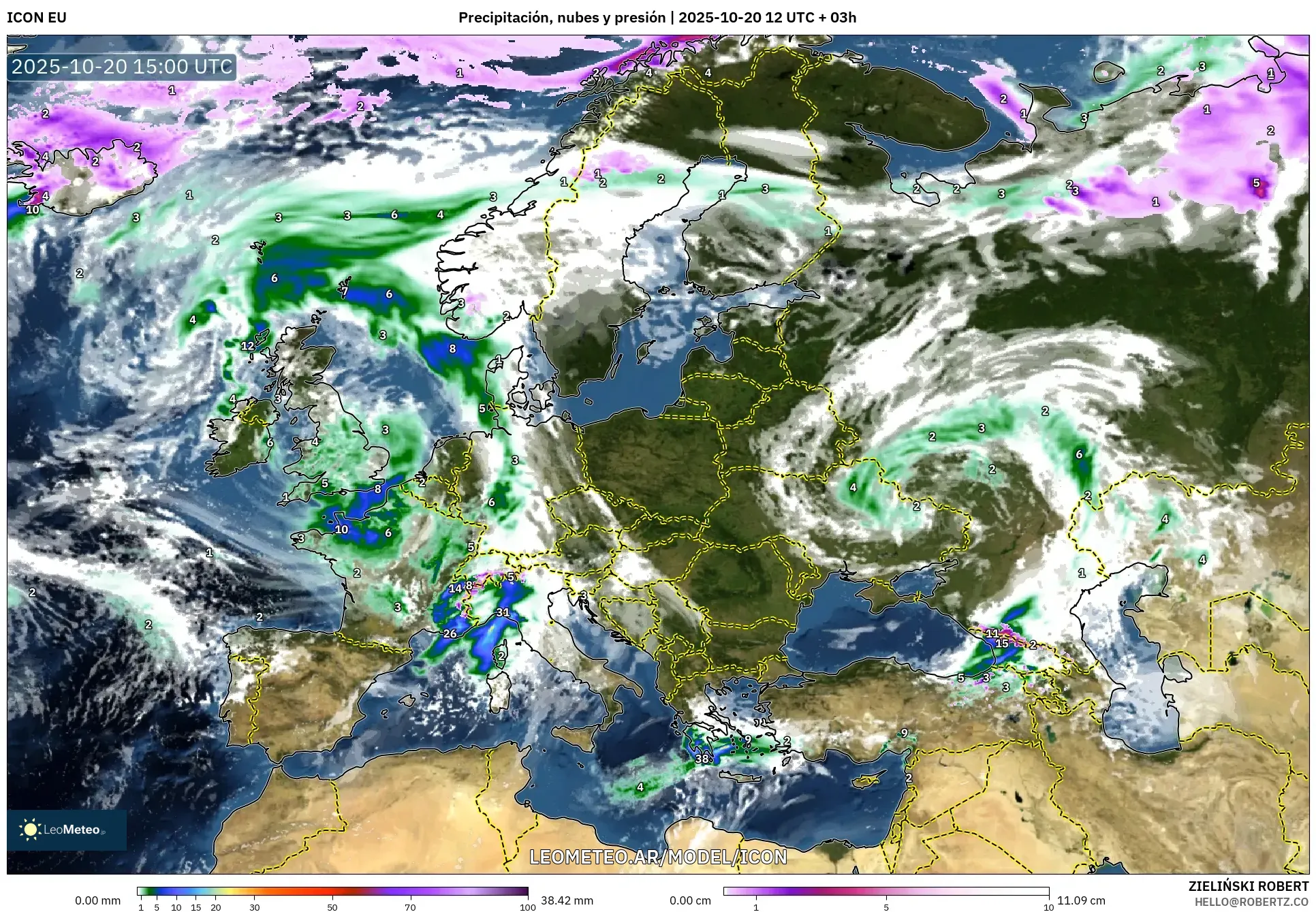 ICON model - Europa, Precipitación, nubes y presión ICON model - Europa, Precipitación, nubes y presión