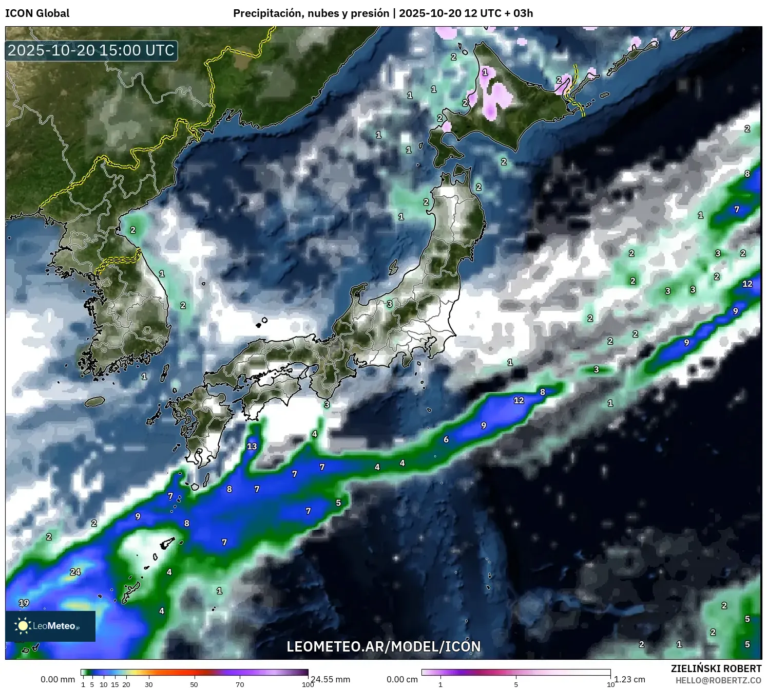 ICON model - Japón, Precipitación, nubes y presión ICON model - Japón, Precipitación, nubes y presión