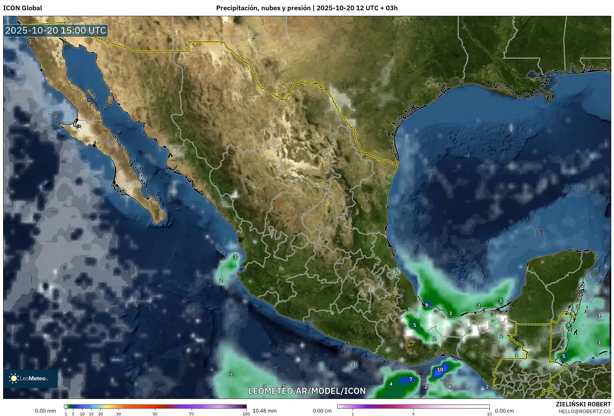 ICON model - México, Precipitación, nubes y presión ICON model - México, Precipitación, nubes y presión