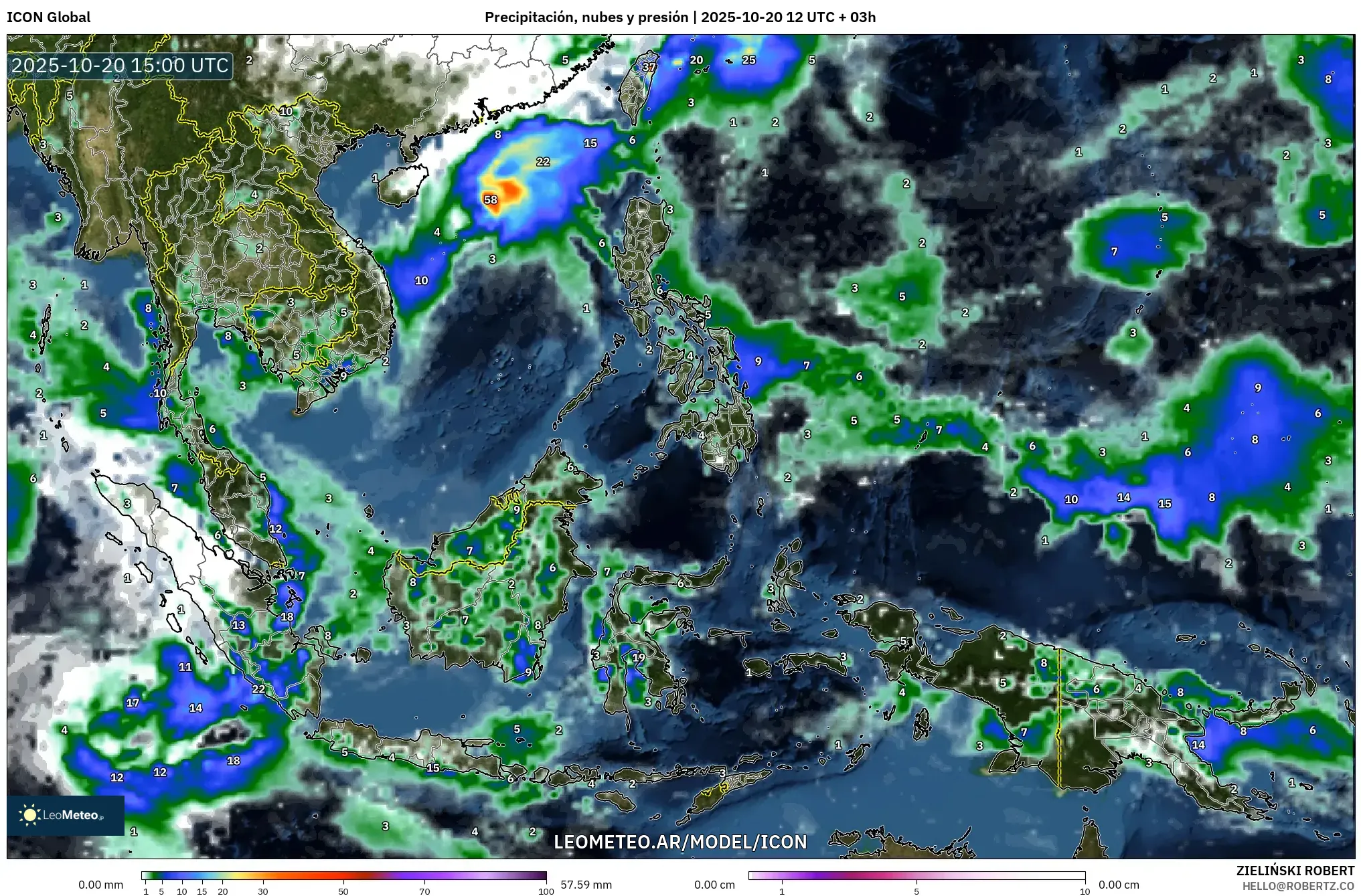 ICON model - Sudeste Asiático, Precipitación, nubes y presión ICON model - Sudeste Asiático, Precipitación, nubes y presión