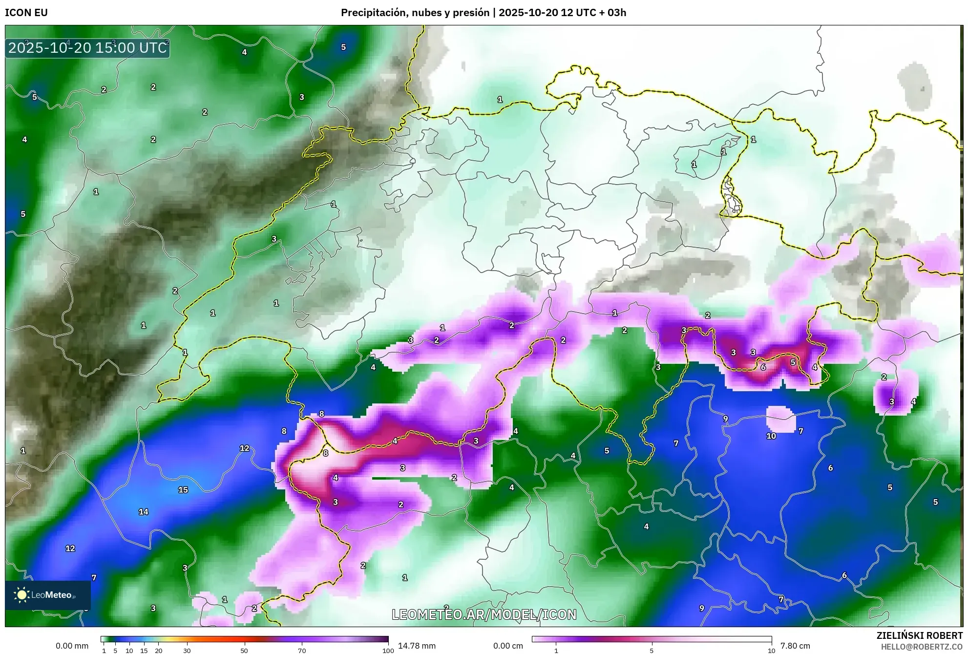 ICON model - Suiza, Precipitación, nubes y presión ICON model - Suiza, Precipitación, nubes y presión