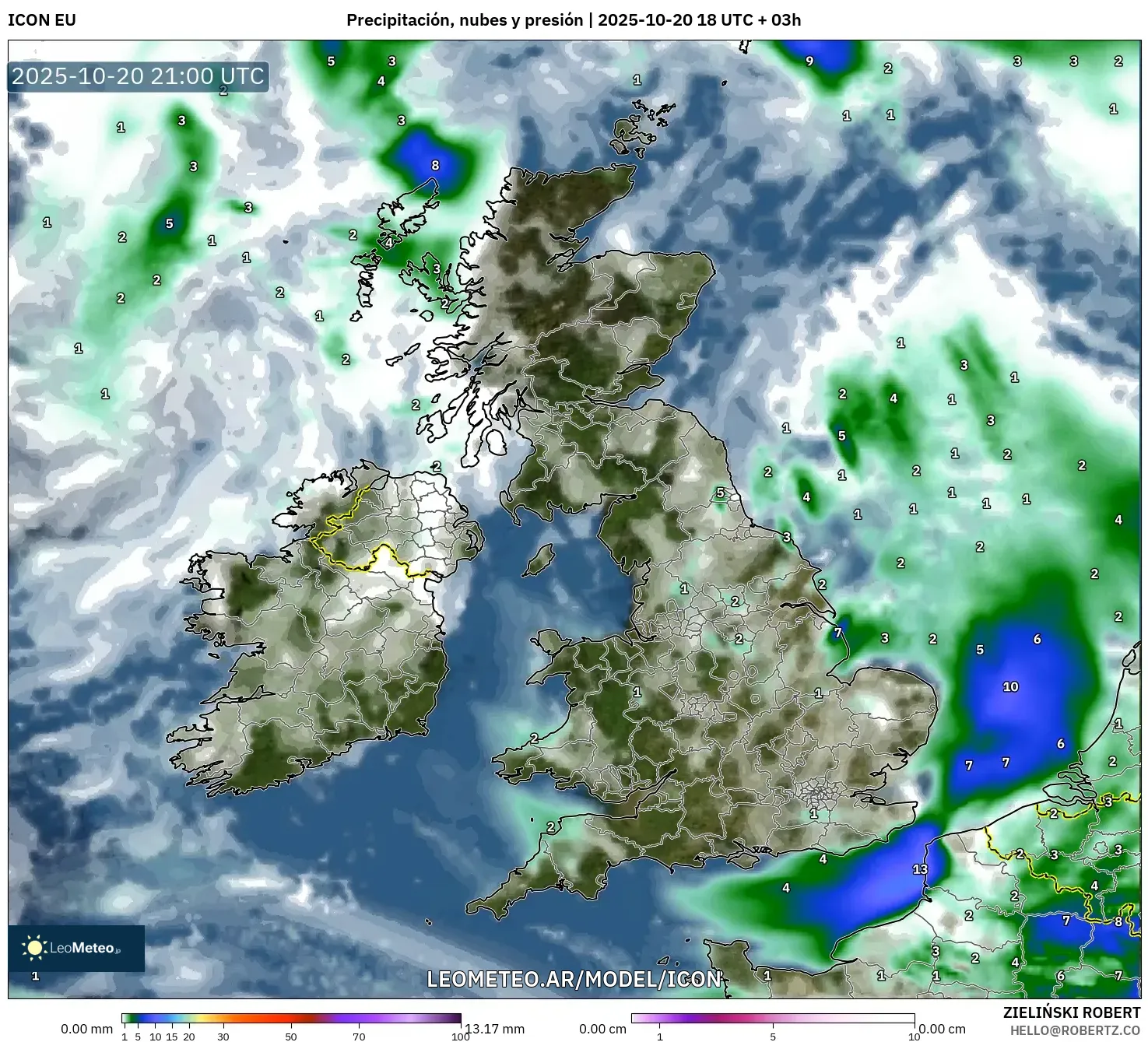 ICON model - Reino Unido, Precipitación, nubes y presión ICON model - Reino Unido, Precipitación, nubes y presión