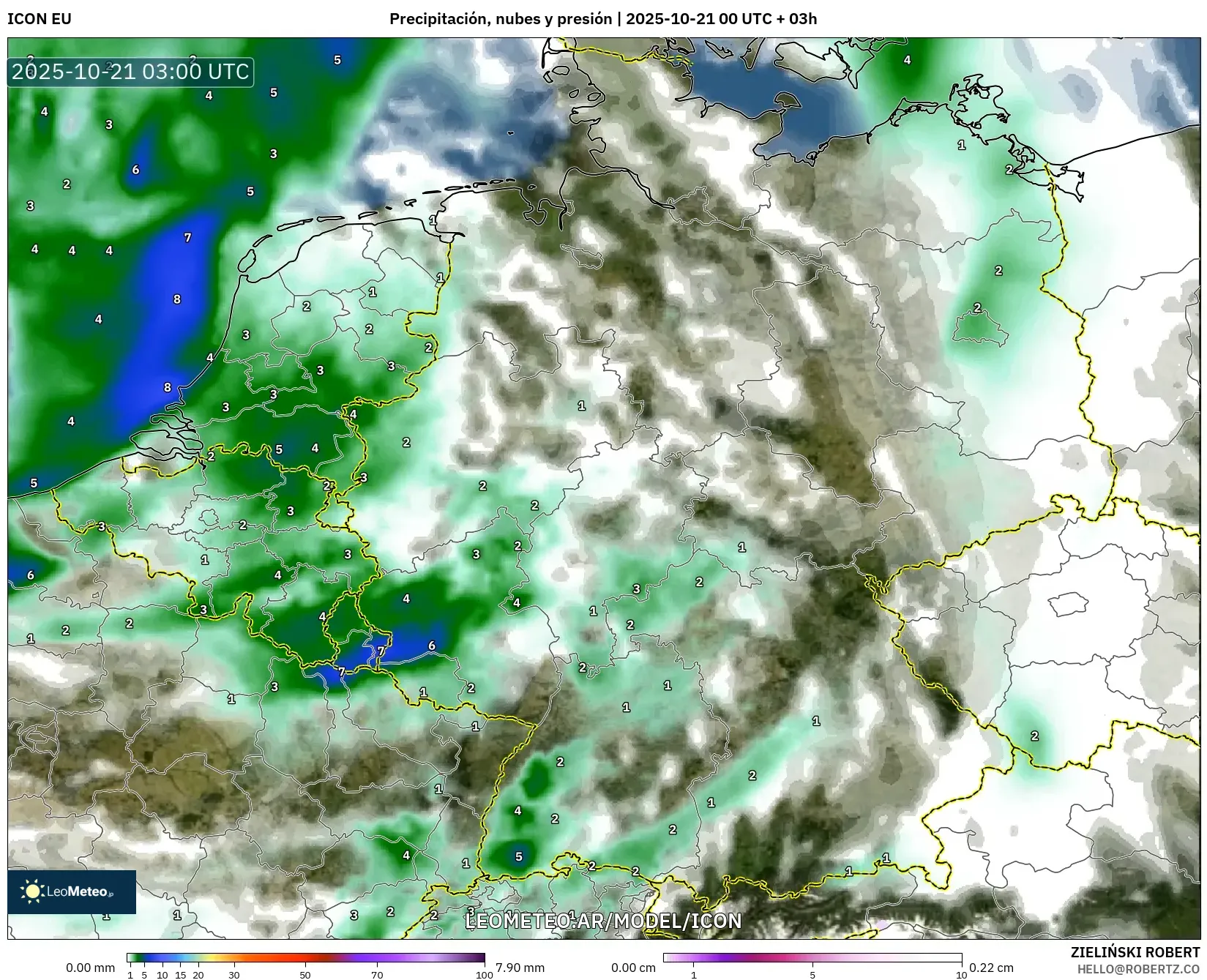 ICON model - Alemania, Precipitación, nubes y presión ICON model - Alemania, Precipitación, nubes y presión