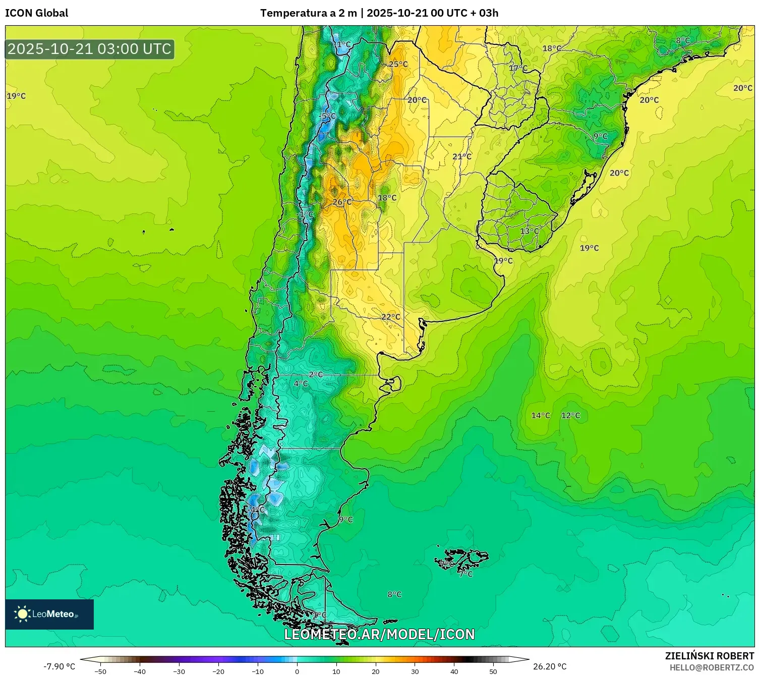 ICON model - Argentina, Temperatura a 2 m