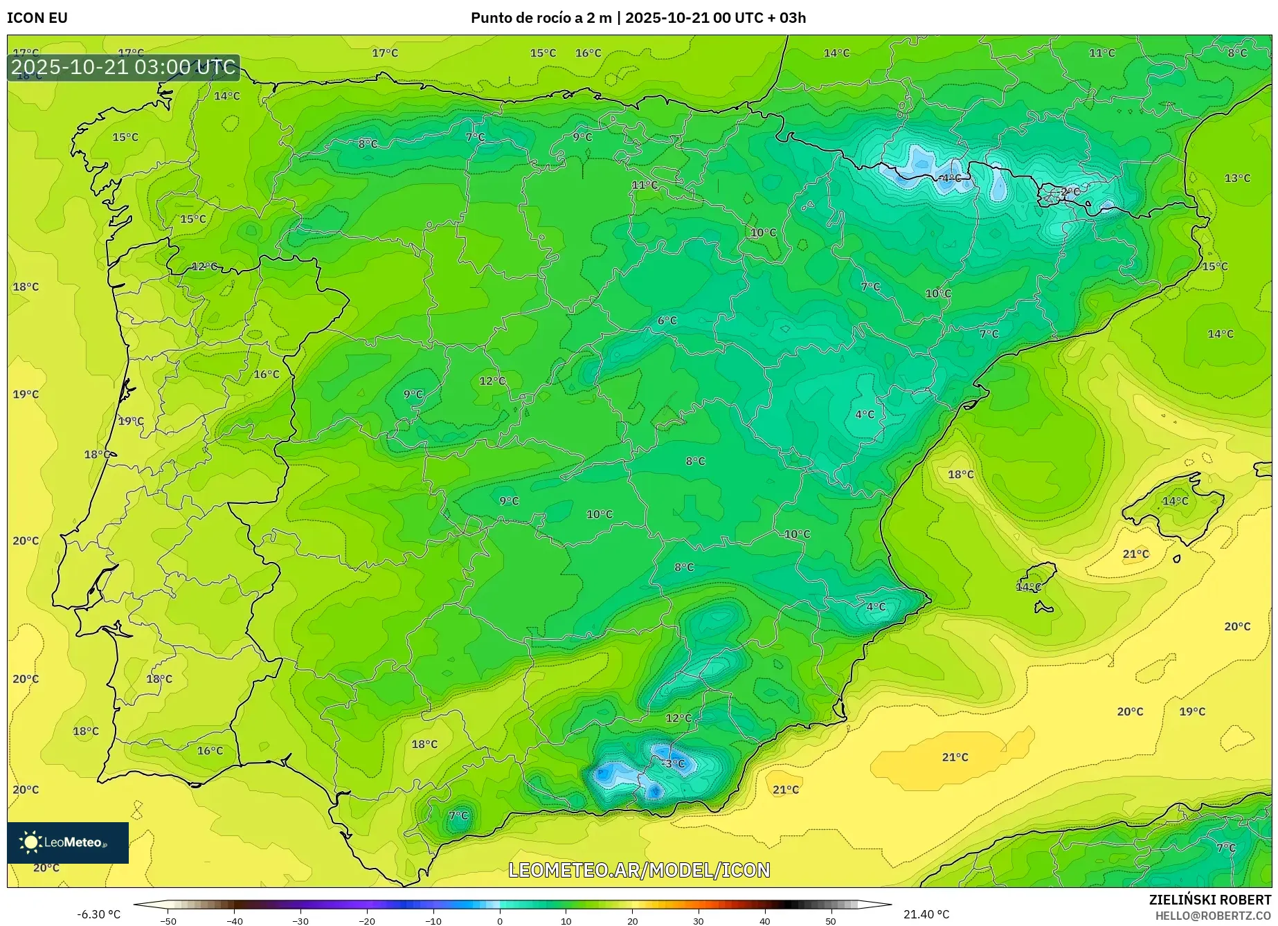 ICON model - España, Punto de rocío a 2 m ICON model - España, Punto de rocío a 2 m