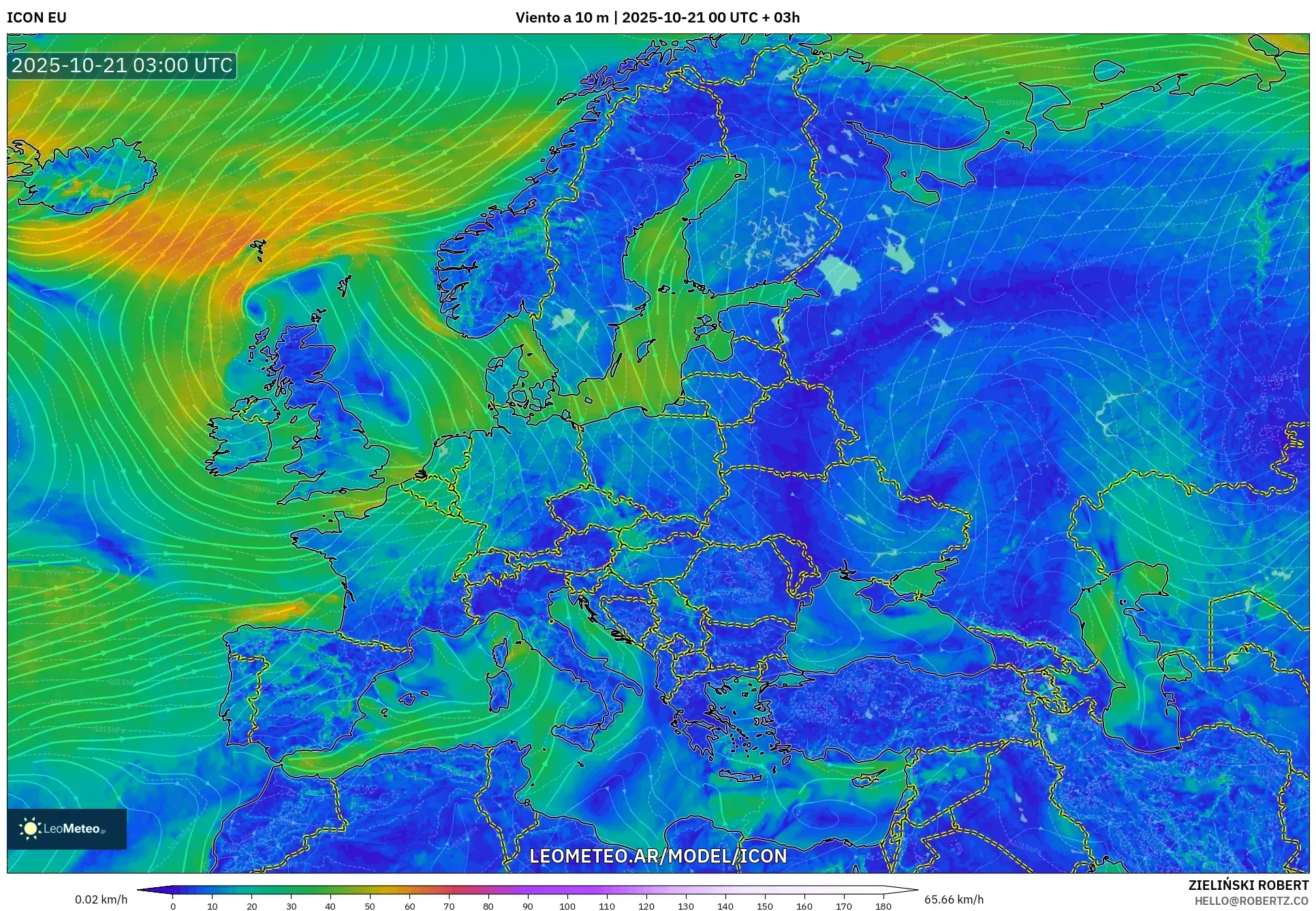ICON model - Europa, Viento a 10 m ICON model - Europa, Viento a 10 m