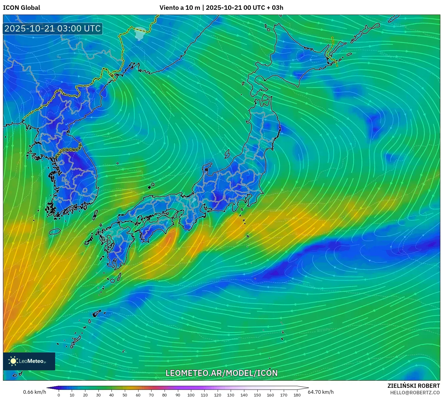 ICON model - Japón, Viento a 10 m ICON model - Japón, Viento a 10 m