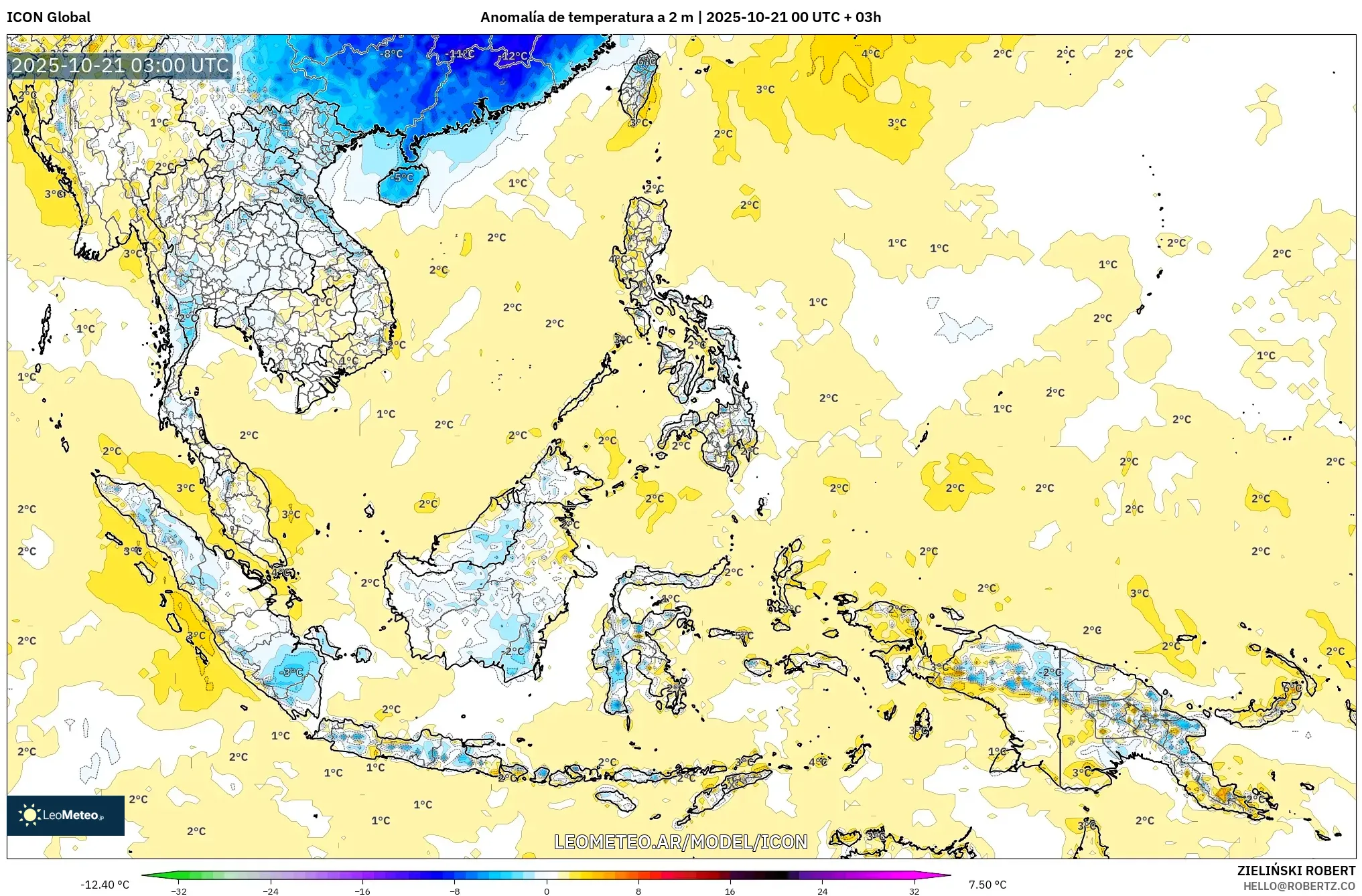 ICON model - Sudeste Asiático, Anomalía de temperatura a 2 m