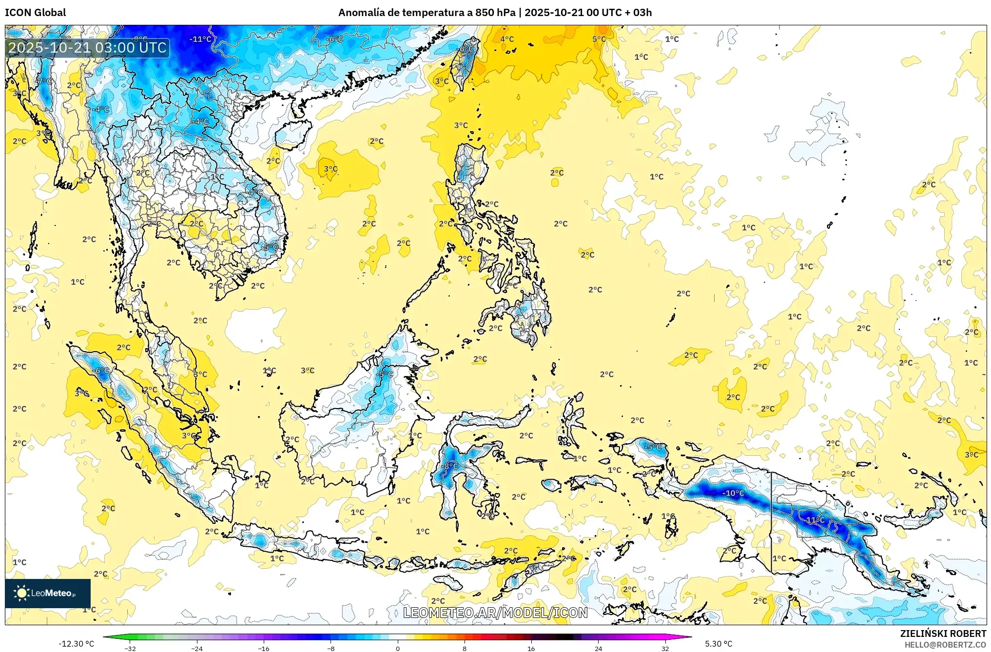ICON model - Sudeste Asiático, Anomalía de temperatura a 850 hPa ICON model - Sudeste Asiático, Anomalía de temperatura a 850 hPa