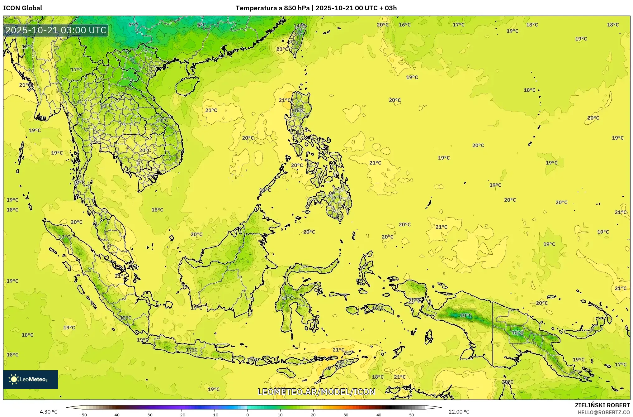ICON model - Sudeste Asiático, Temperatura a 850 hPa