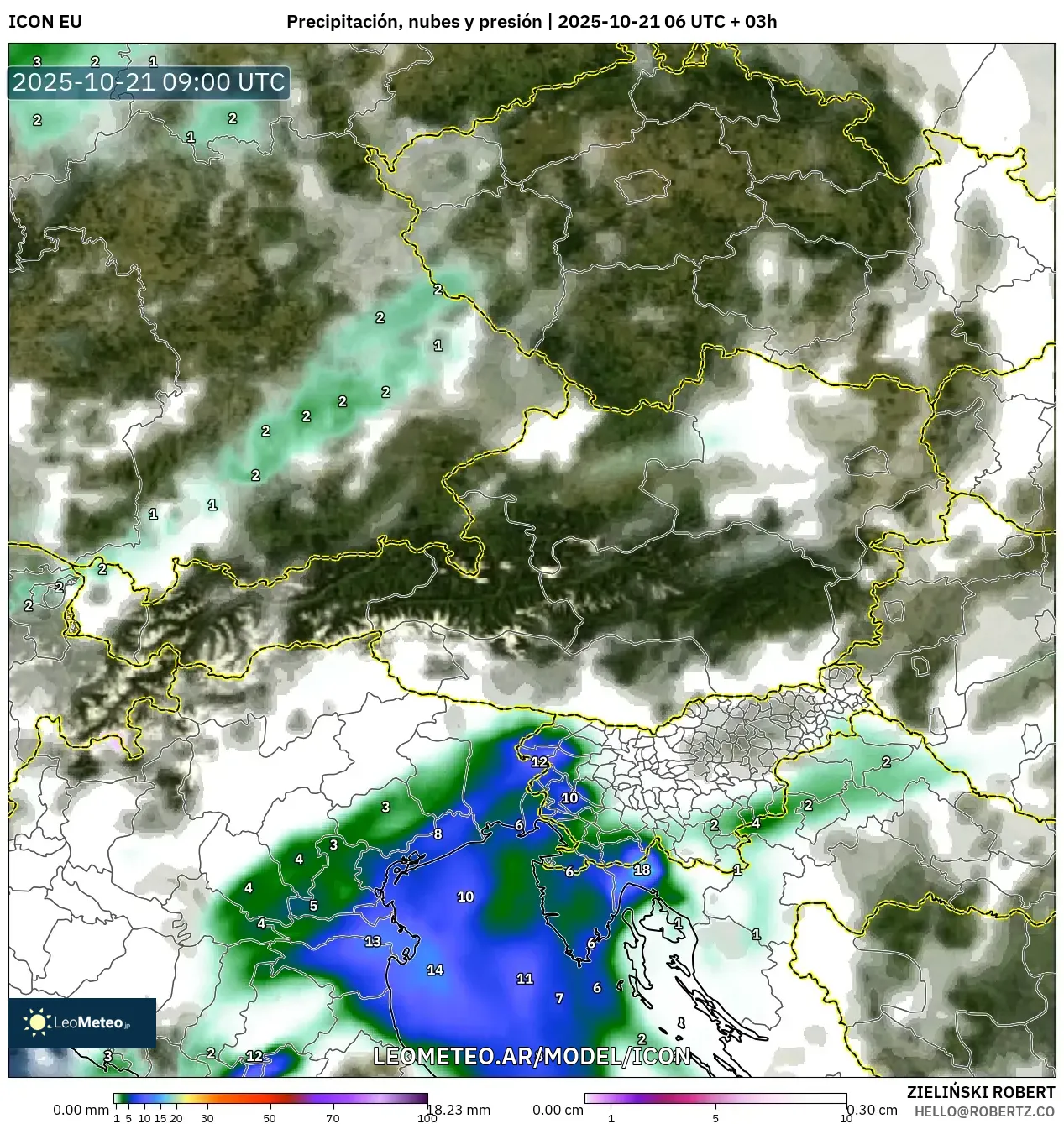 ICON model - Austria, Precipitación, nubes y presión ICON model - Austria, Precipitación, nubes y presión