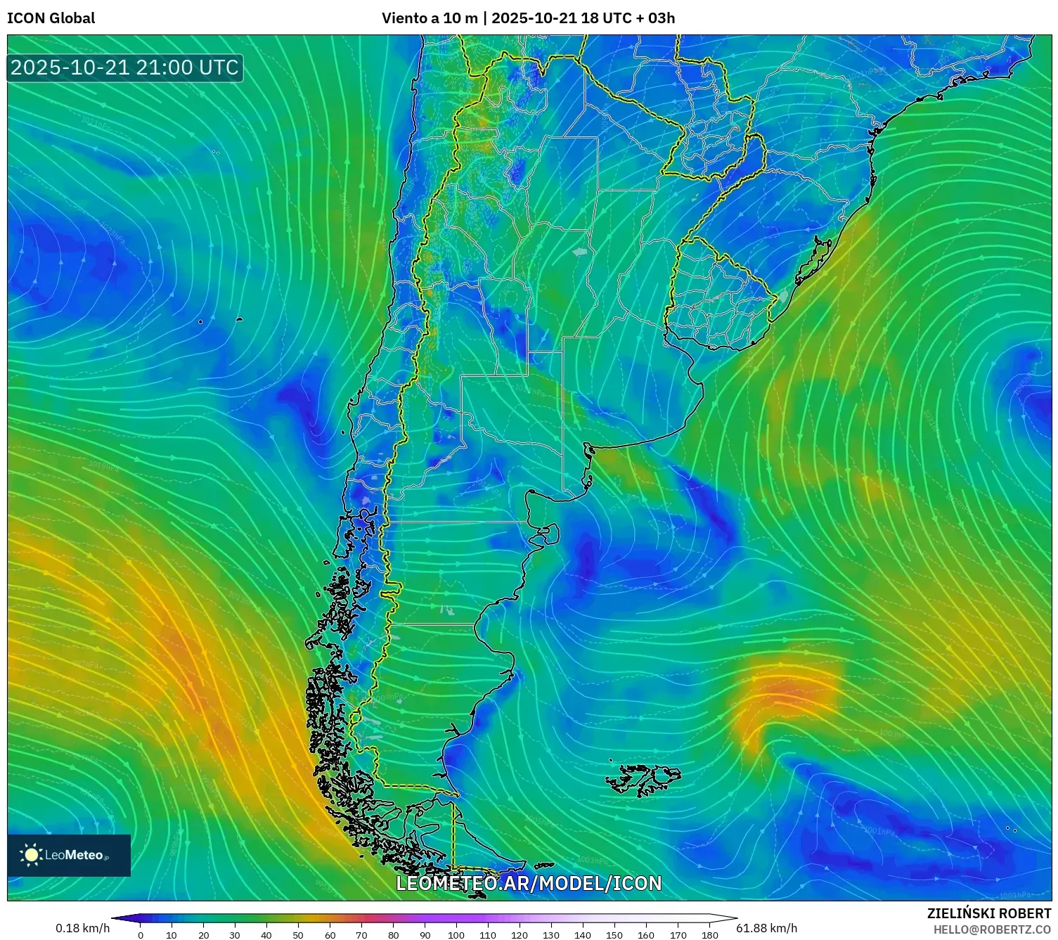 ICON model - Argentina, Viento a 10 m ICON model - Argentina, Viento a 10 m