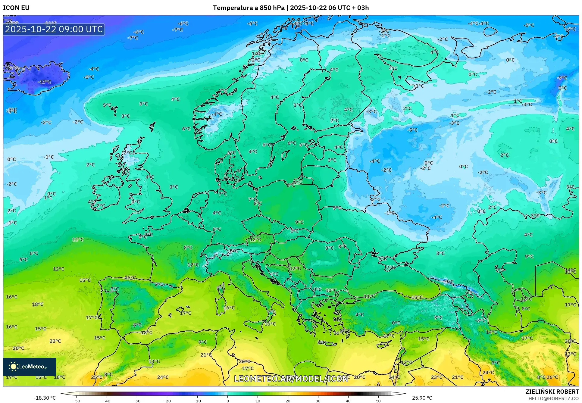 ICON model - Europa, Temperatura a 850 hPa ICON model - Europa, Temperatura a 850 hPa