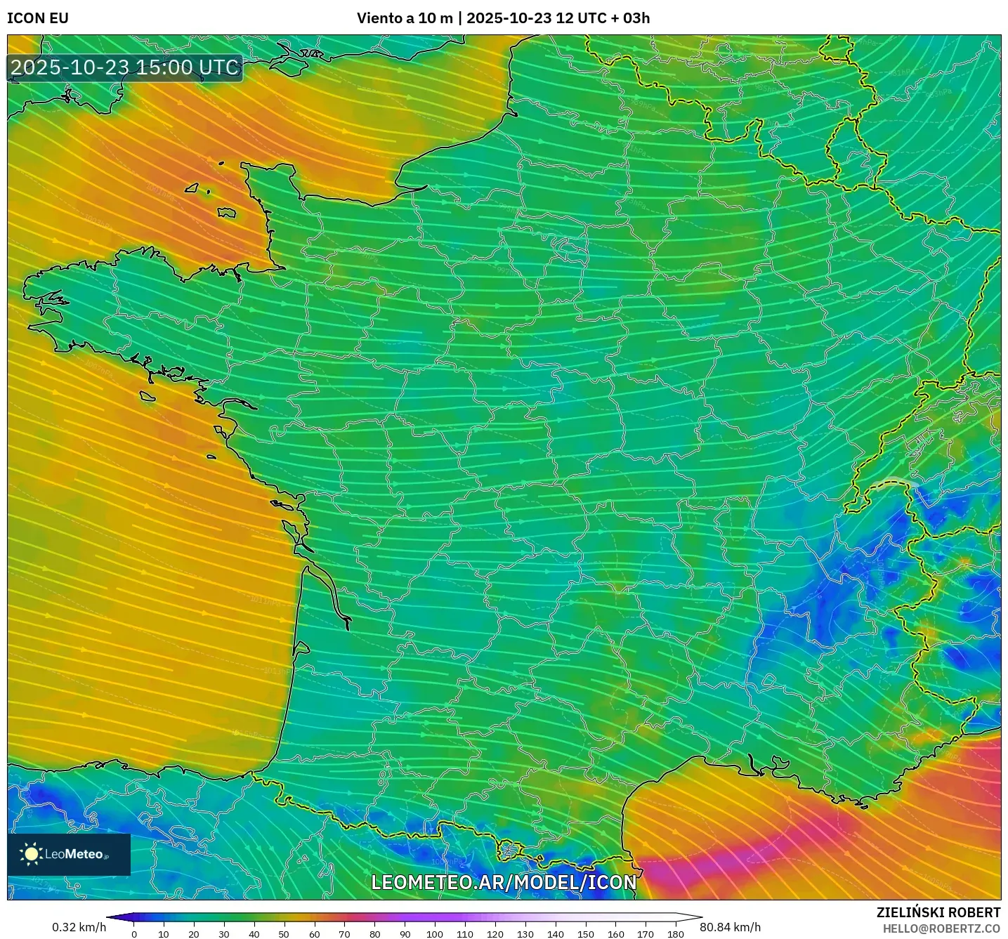 ICON model - Francia, Viento a 10 m ICON model - Francia, Viento a 10 m