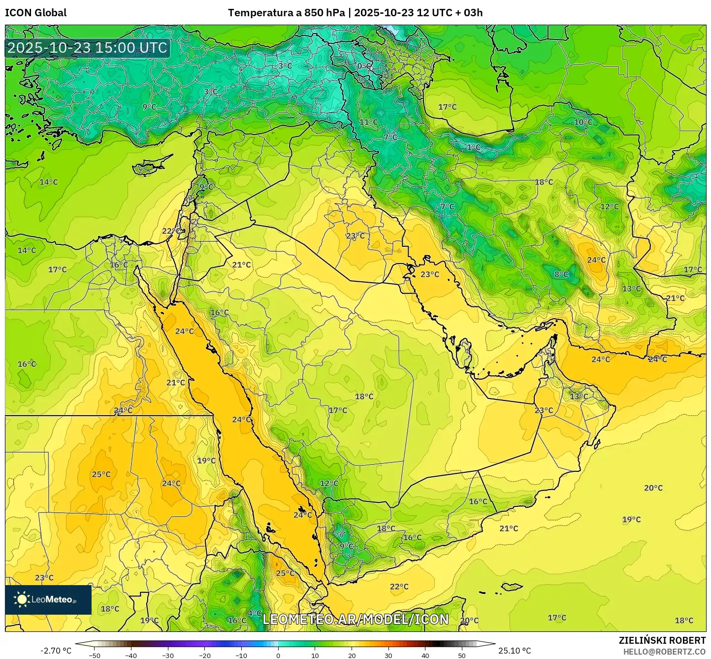 ICON model - Oriente Medio, Temperatura a 850 hPa ICON model - Oriente Medio, Temperatura a 850 hPa