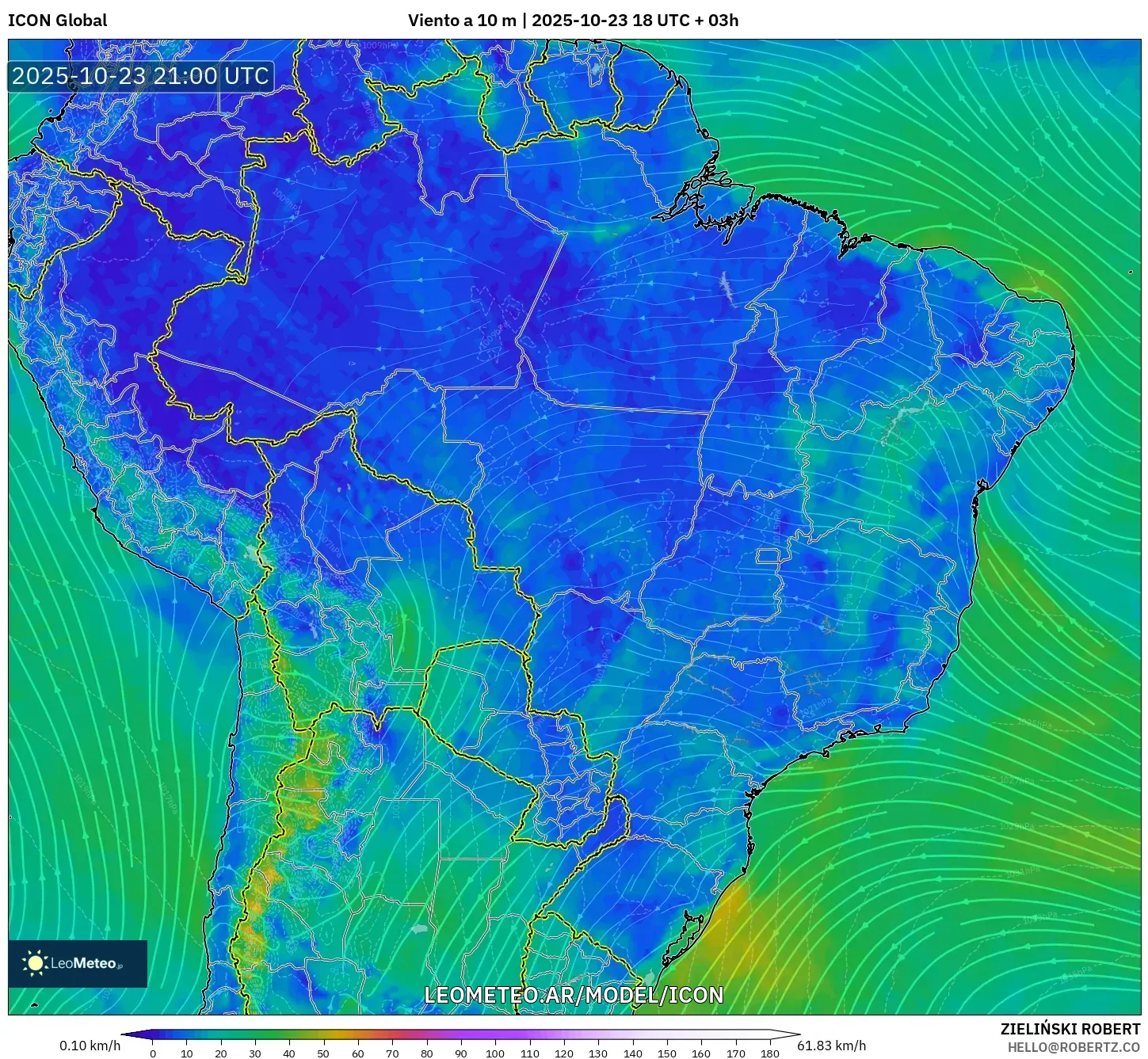 ICON model - Brasil, Viento a 10 m ICON model - Brasil, Viento a 10 m