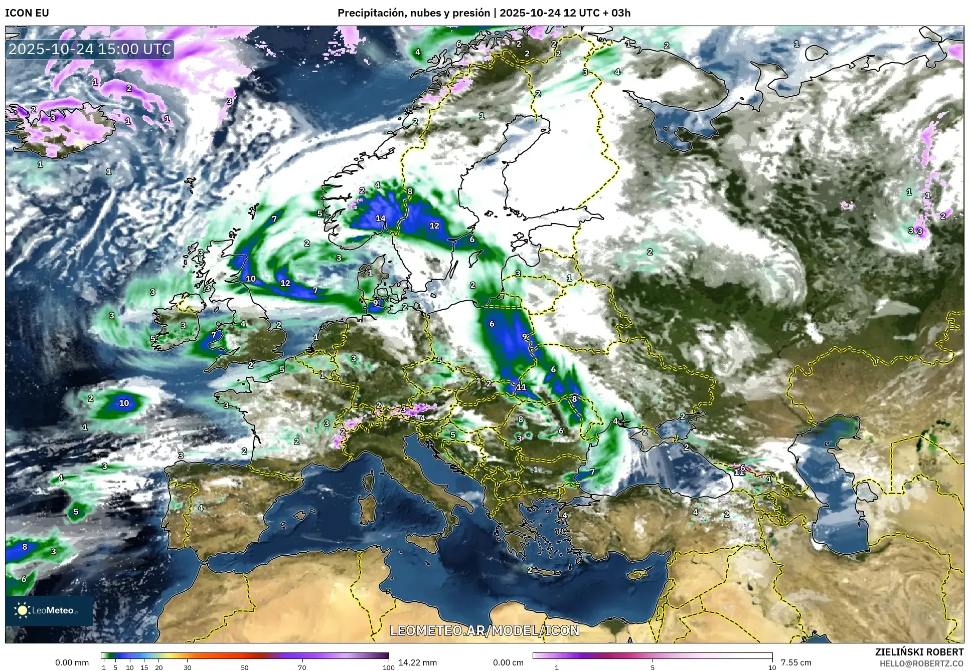 ICON model - Europa, Precipitación, nubes y presión