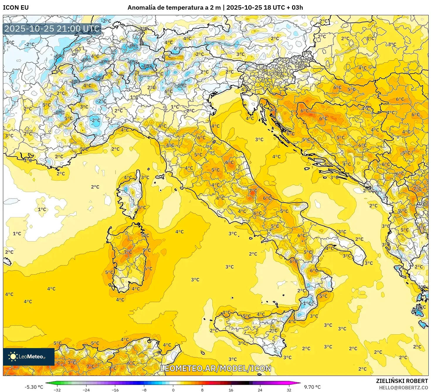 ICON model - Italia, Anomalía de temperatura a 2 m ICON model - Italia, Anomalía de temperatura a 2 m