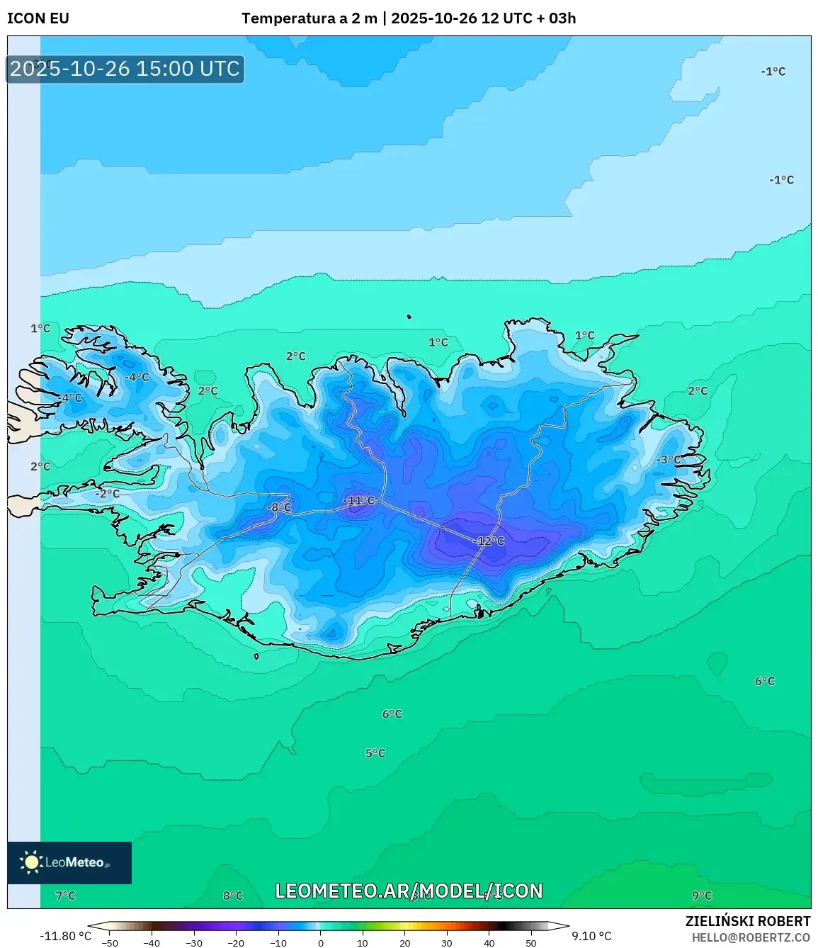 ICON model - Islandia, Temperatura a 2 m ICON model - Islandia, Temperatura a 2 m