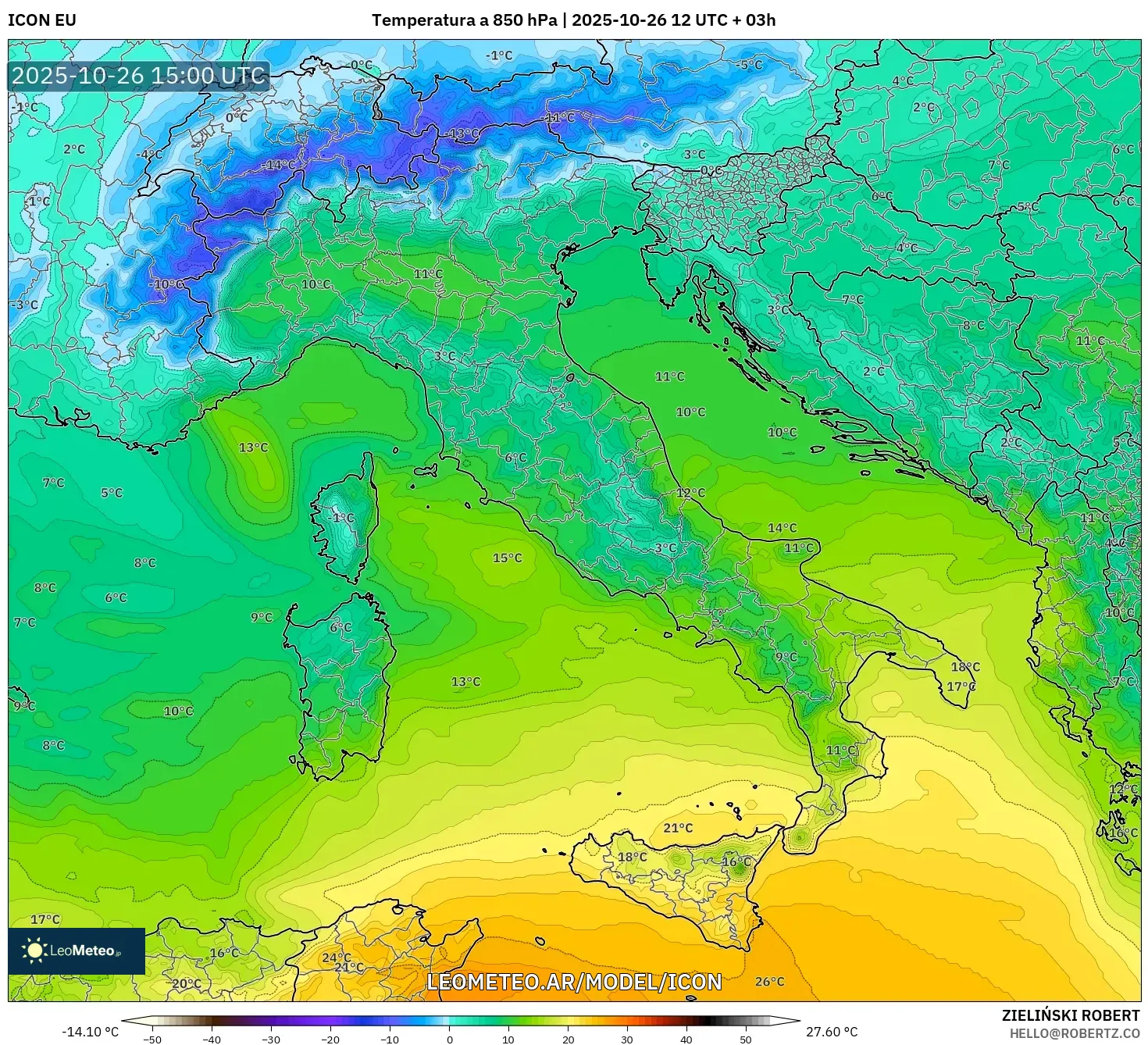 ICON model - Italia, Temperatura a 850 hPa ICON model - Italia, Temperatura a 850 hPa