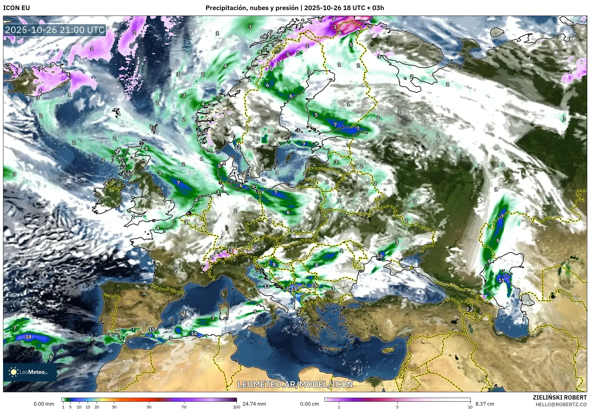 ICON model - Europa, Precipitación, nubes y presión ICON model - Europa, Precipitación, nubes y presión