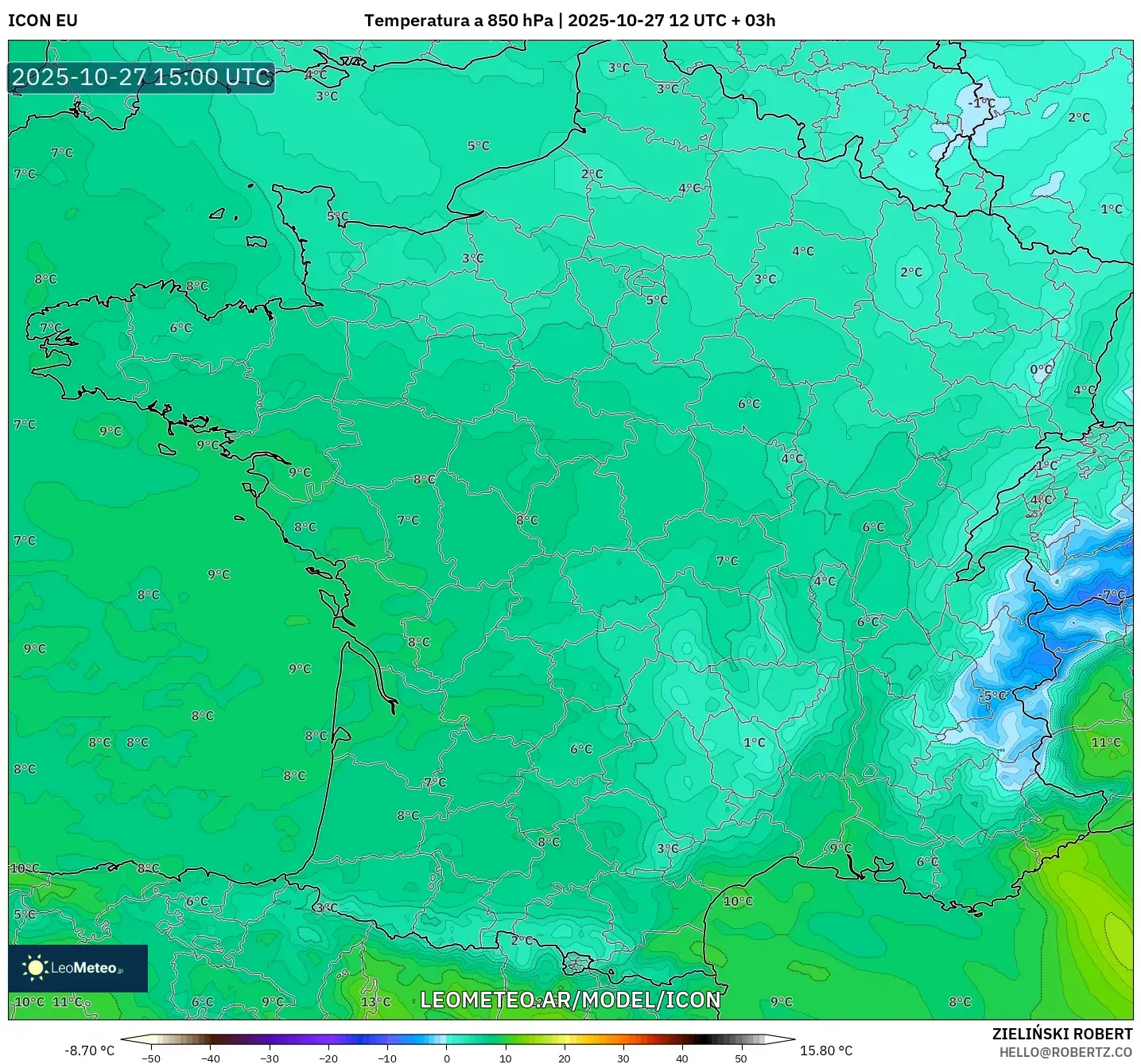 ICON model - Francia, Temperatura a 850 hPa ICON model - Francia, Temperatura a 850 hPa
