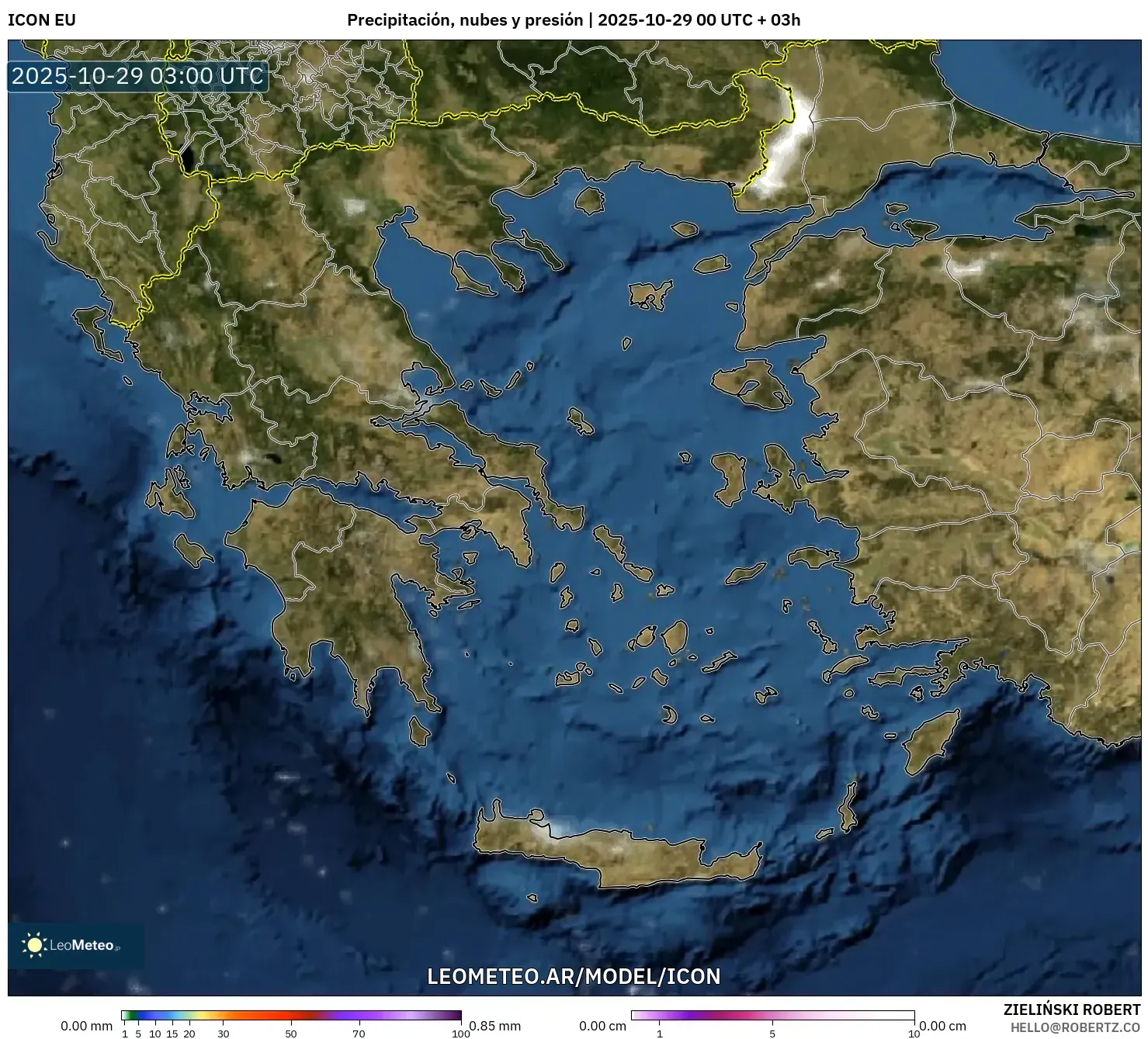 ICON model - Grecia, Precipitación, nubes y presión ICON model - Grecia, Precipitación, nubes y presión
