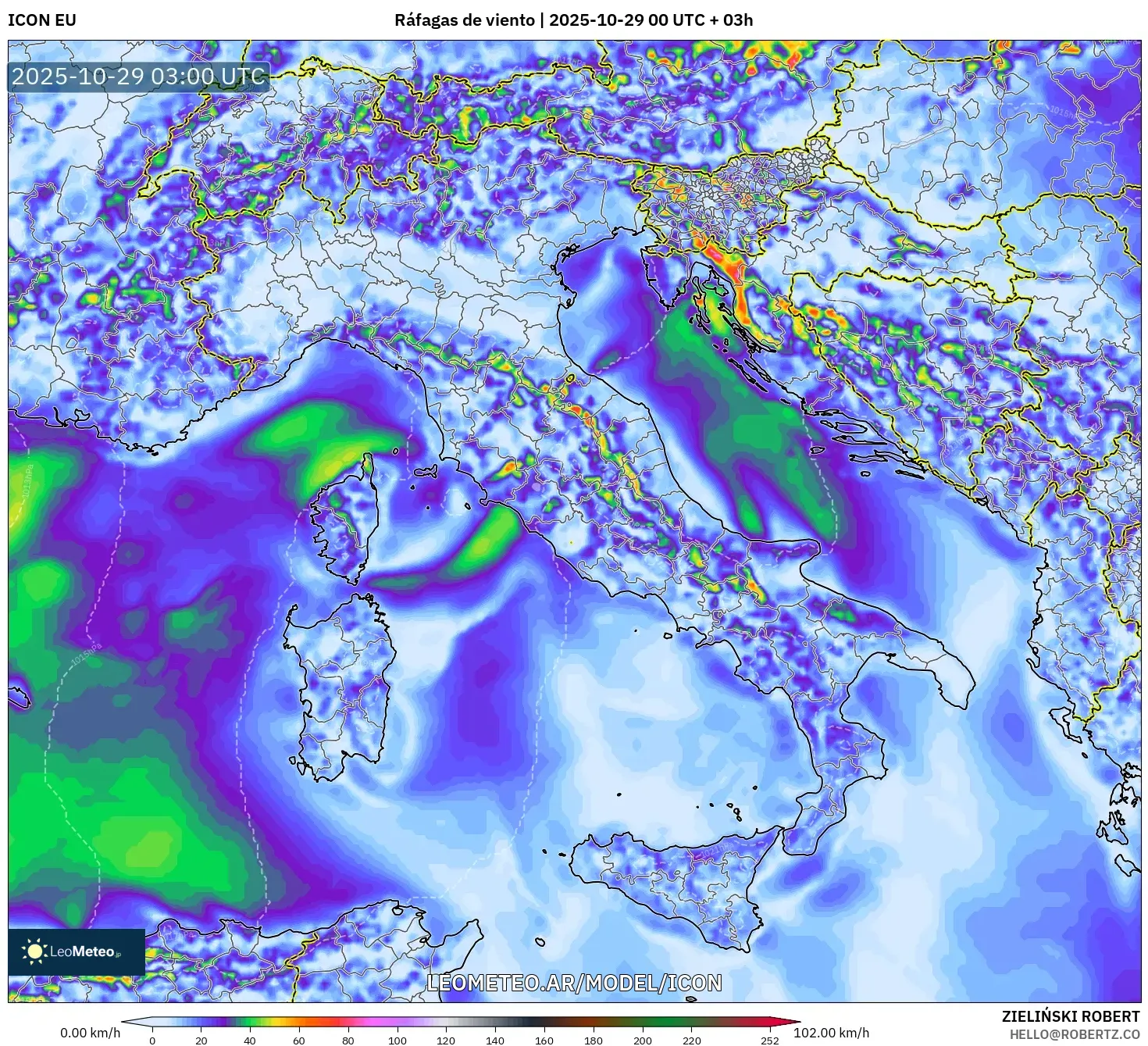 ICON model - Italia, Ráfagas de viento ICON model - Italia, Ráfagas de viento