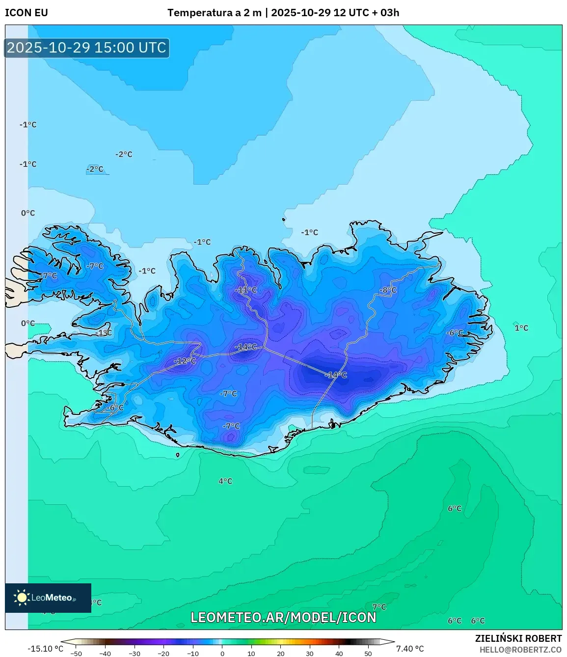 ICON model - Islandia, Temperatura a 2 m ICON model - Islandia, Temperatura a 2 m