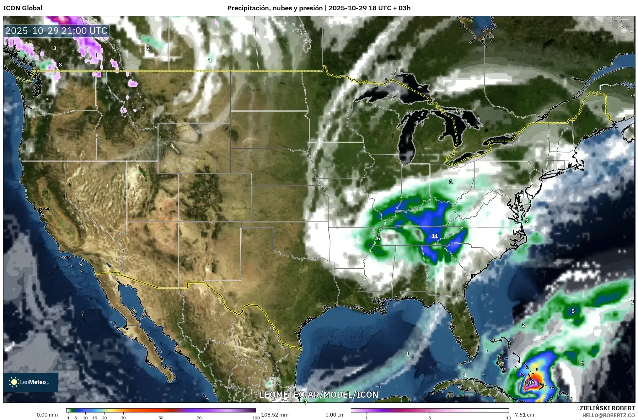 ICON model - Estados Unidos, Precipitación, nubes y presión ICON model - Estados Unidos, Precipitación, nubes y presión