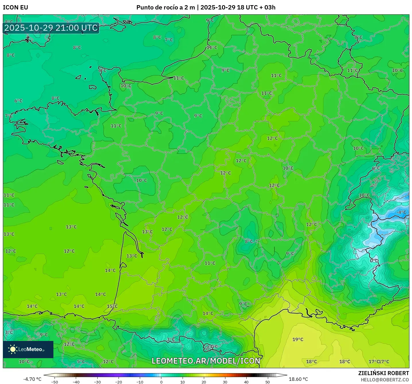 ICON model - Francia, Punto de rocío a 2 m ICON model - Francia, Punto de rocío a 2 m