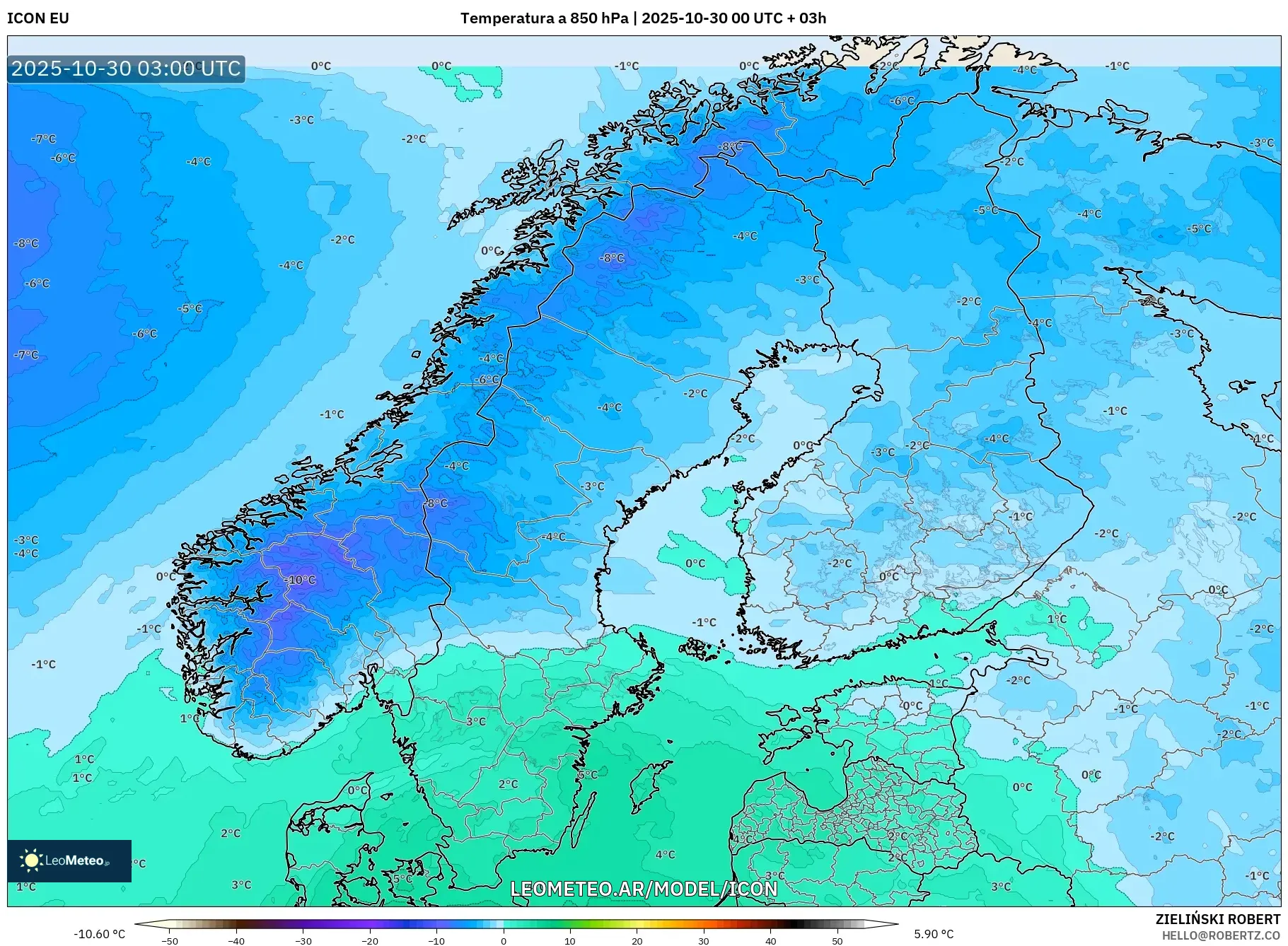 ICON model - Escandinavia, Temperatura a 850 hPa ICON model - Escandinavia, Temperatura a 850 hPa