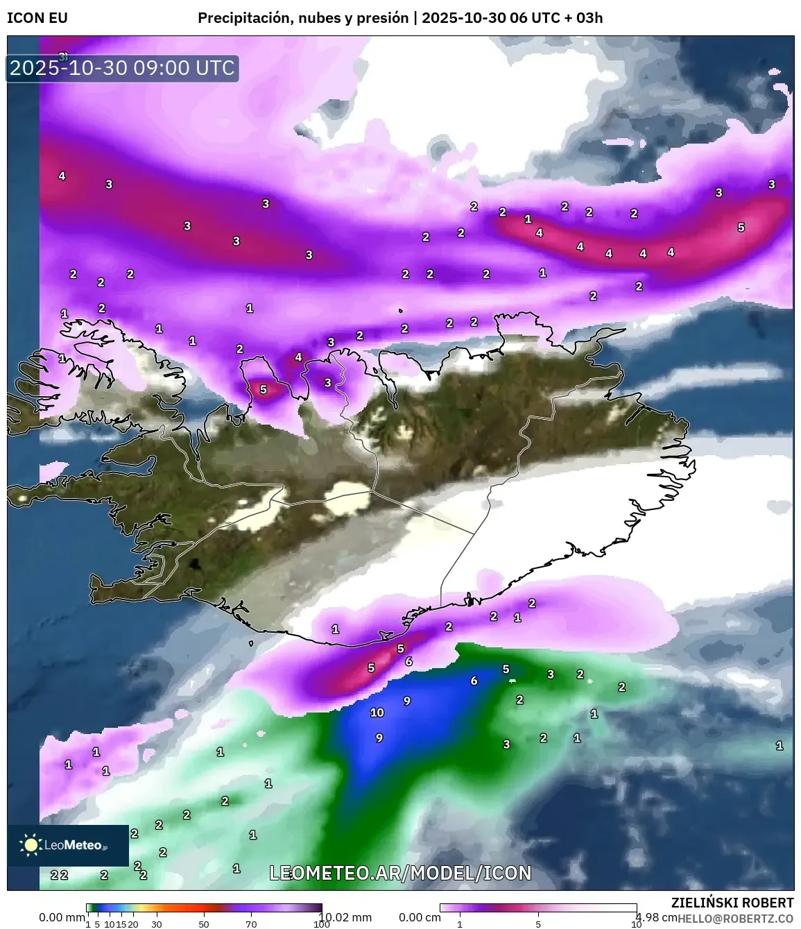 ICON model - Islandia, Precipitación, nubes y presión
