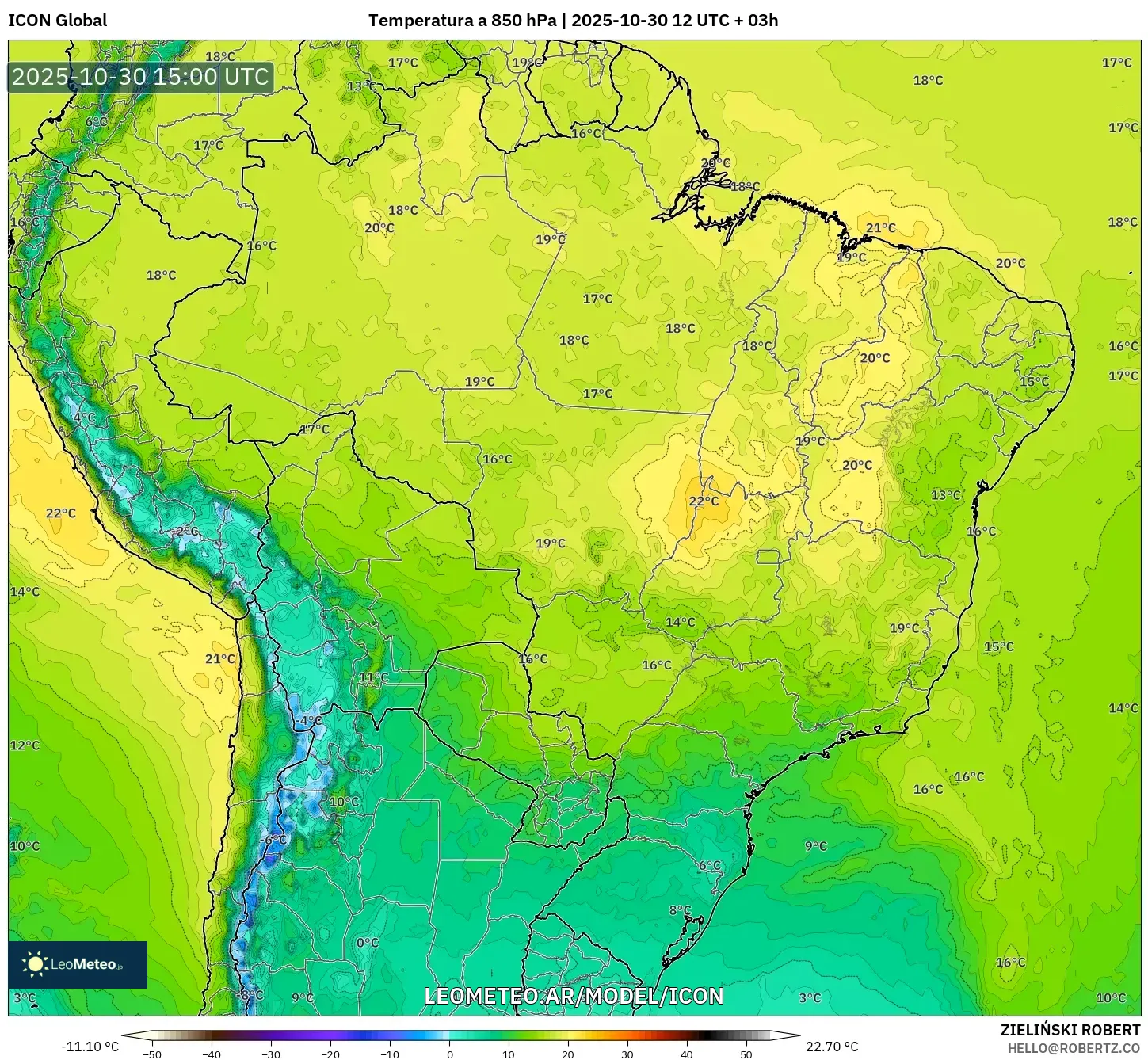 ICON model - Brasil, Temperatura a 850 hPa ICON model - Brasil, Temperatura a 850 hPa