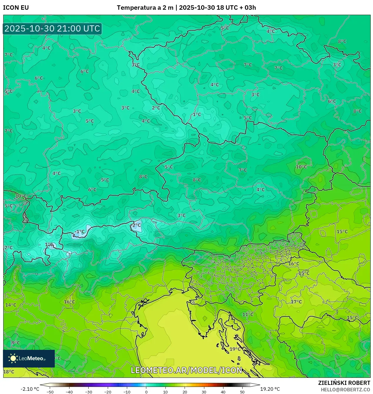 ICON model - Austria, Temperatura a 2 m ICON model - Austria, Temperatura a 2 m