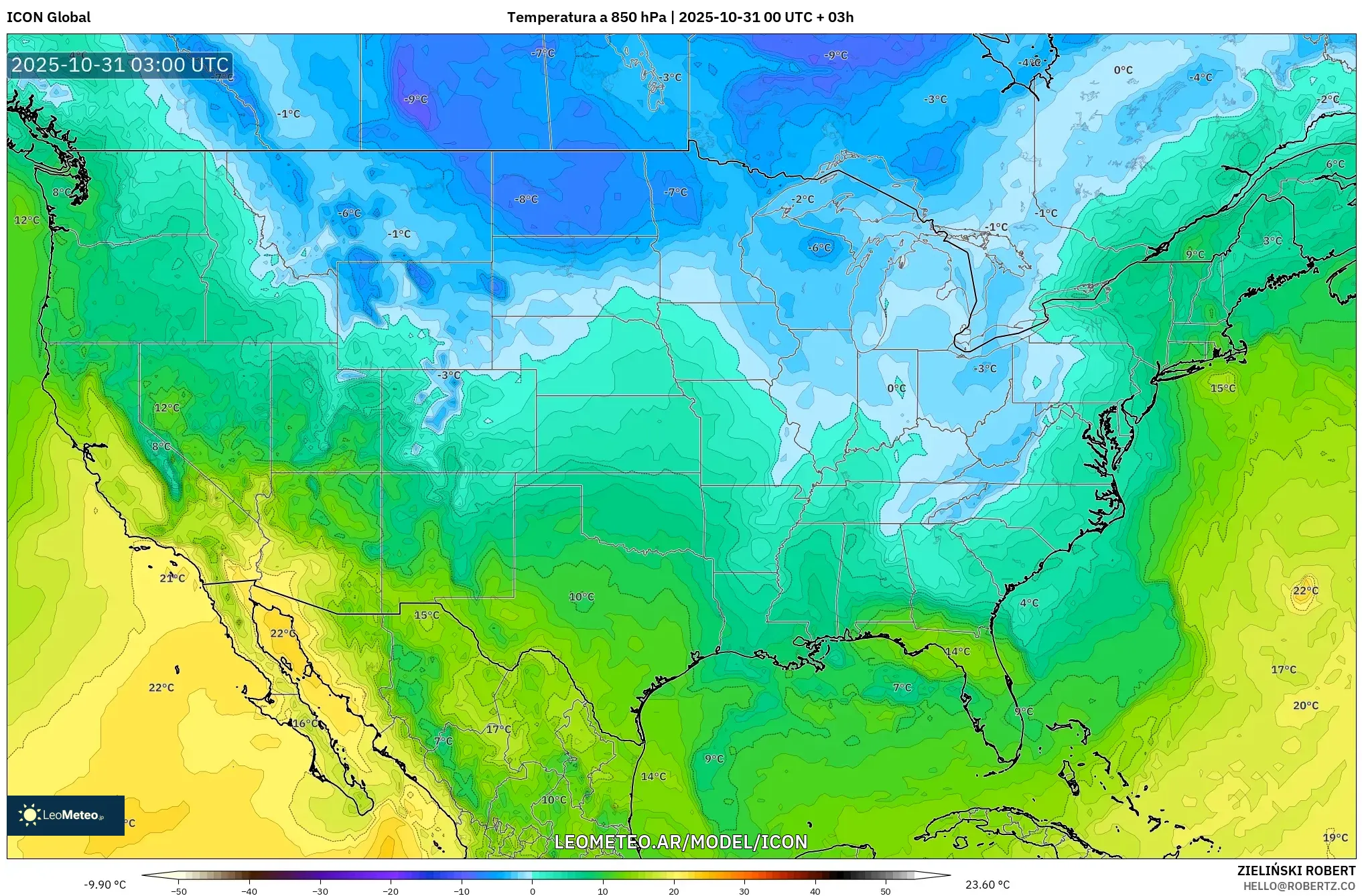 ICON model - Estados Unidos, Temperatura a 850 hPa ICON model - Estados Unidos, Temperatura a 850 hPa