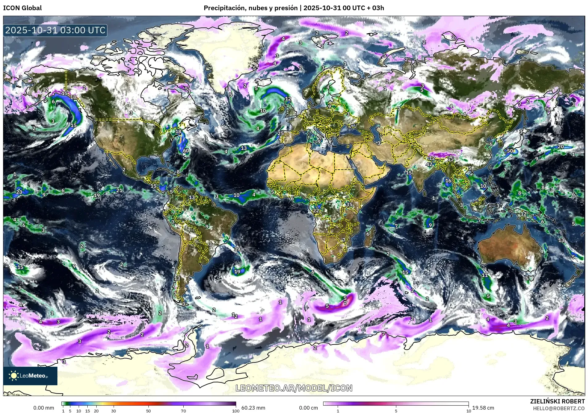 ICON model - Mundo, Precipitación, nubes y presión