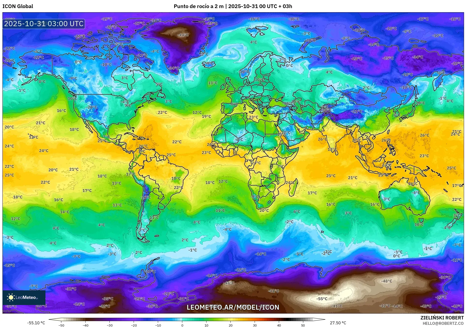 ICON model - Mundo, Punto de rocío a 2 m ICON model - Mundo, Punto de rocío a 2 m