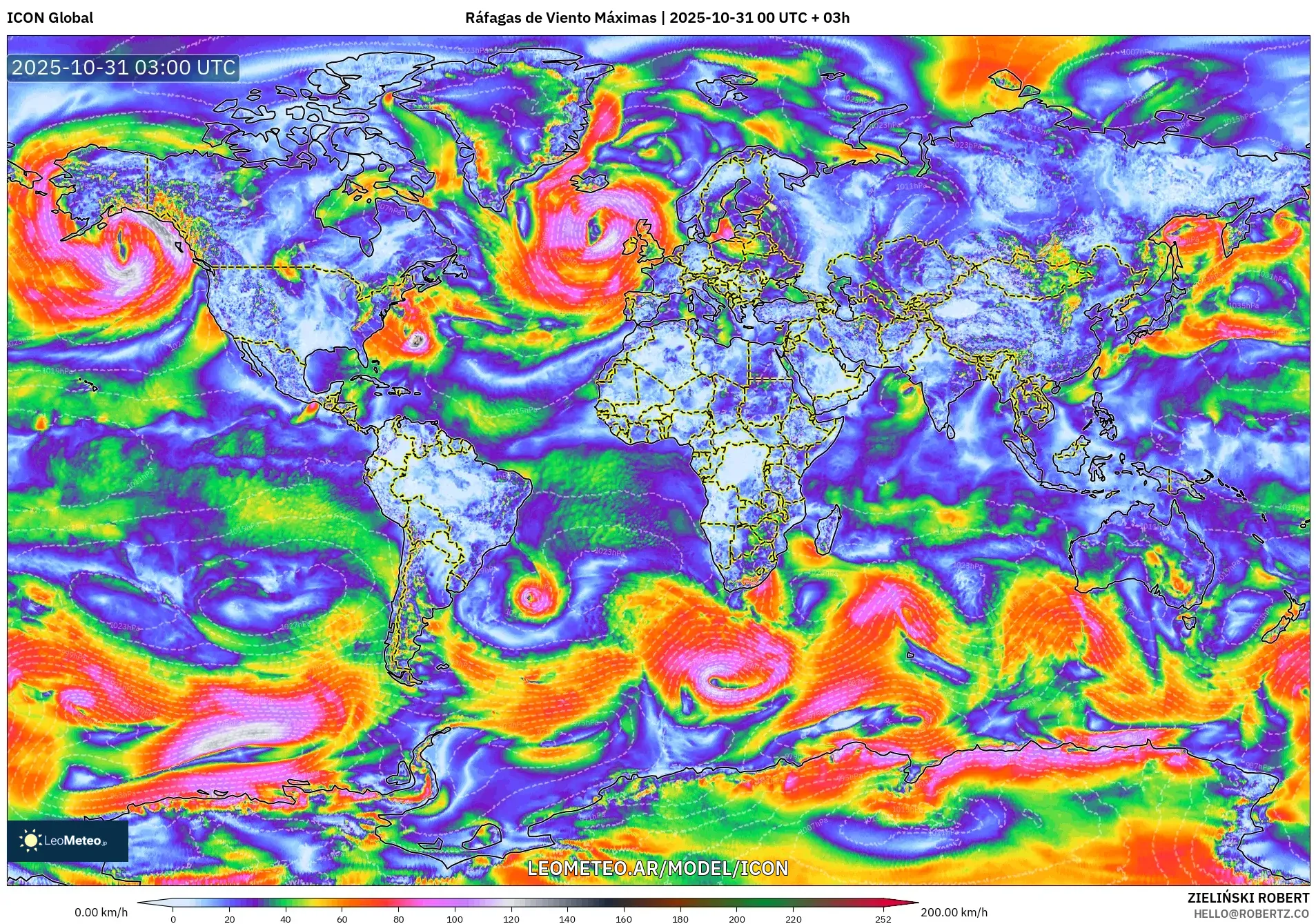 ICON model - Mundo, Ráfagas de Viento Máximas ICON model - Mundo, Ráfagas de Viento Máximas