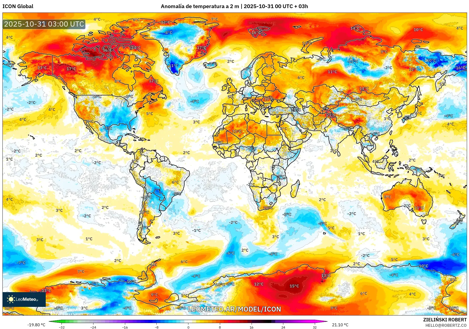 ICON model - Mundo, Anomalía de temperatura a 2 m ICON model - Mundo, Anomalía de temperatura a 2 m