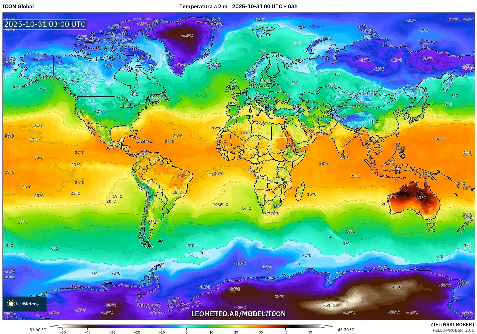 ICON model - Mundo, Temperatura a 2 m