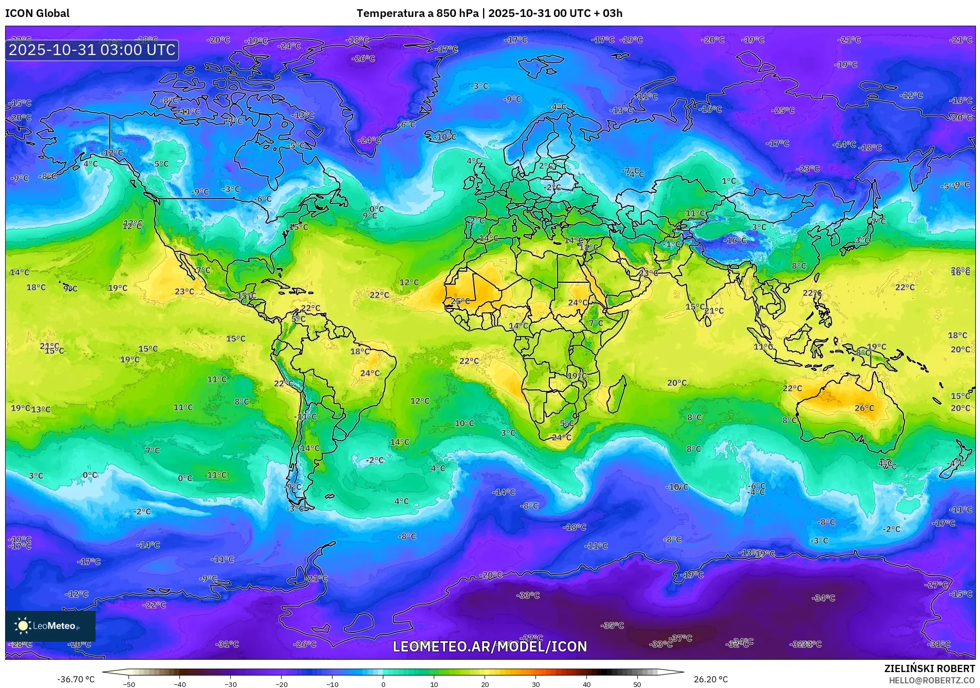 ICON model - Mundo, Temperatura a 850 hPa ICON model - Mundo, Temperatura a 850 hPa