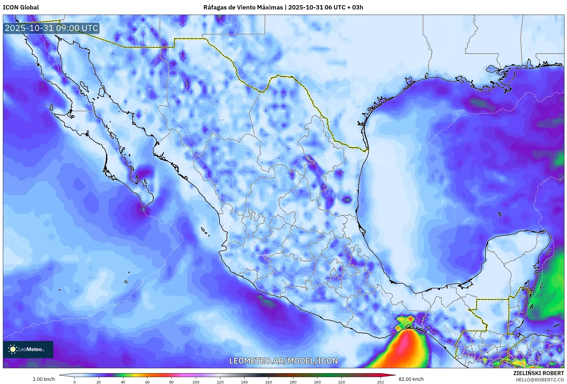 ICON model - México, Ráfagas de Viento Máximas ICON model - México, Ráfagas de Viento Máximas