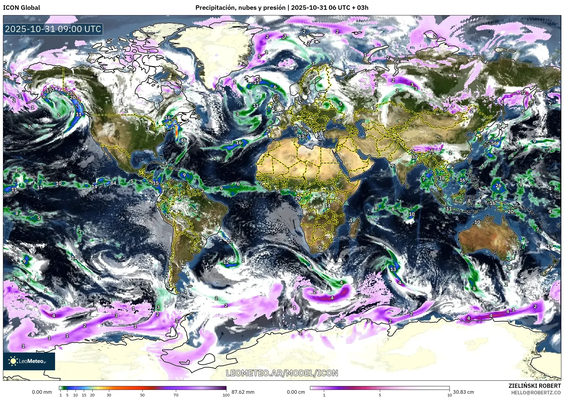 ICON model - Mundo, Precipitación, nubes y presión ICON model - Mundo, Precipitación, nubes y presión