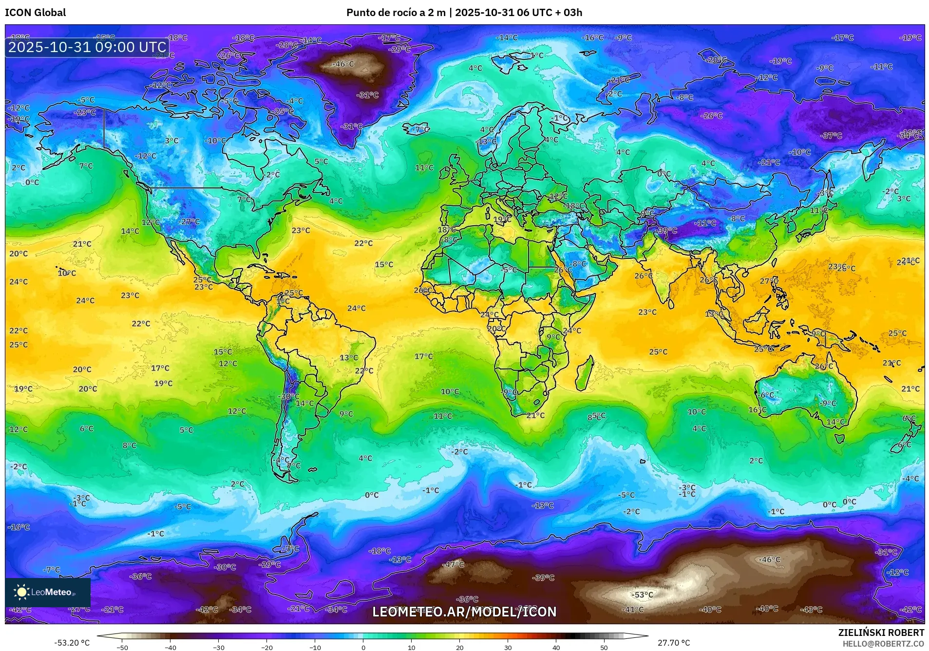 ICON model - Mundo, Punto de rocío a 2 m ICON model - Mundo, Punto de rocío a 2 m