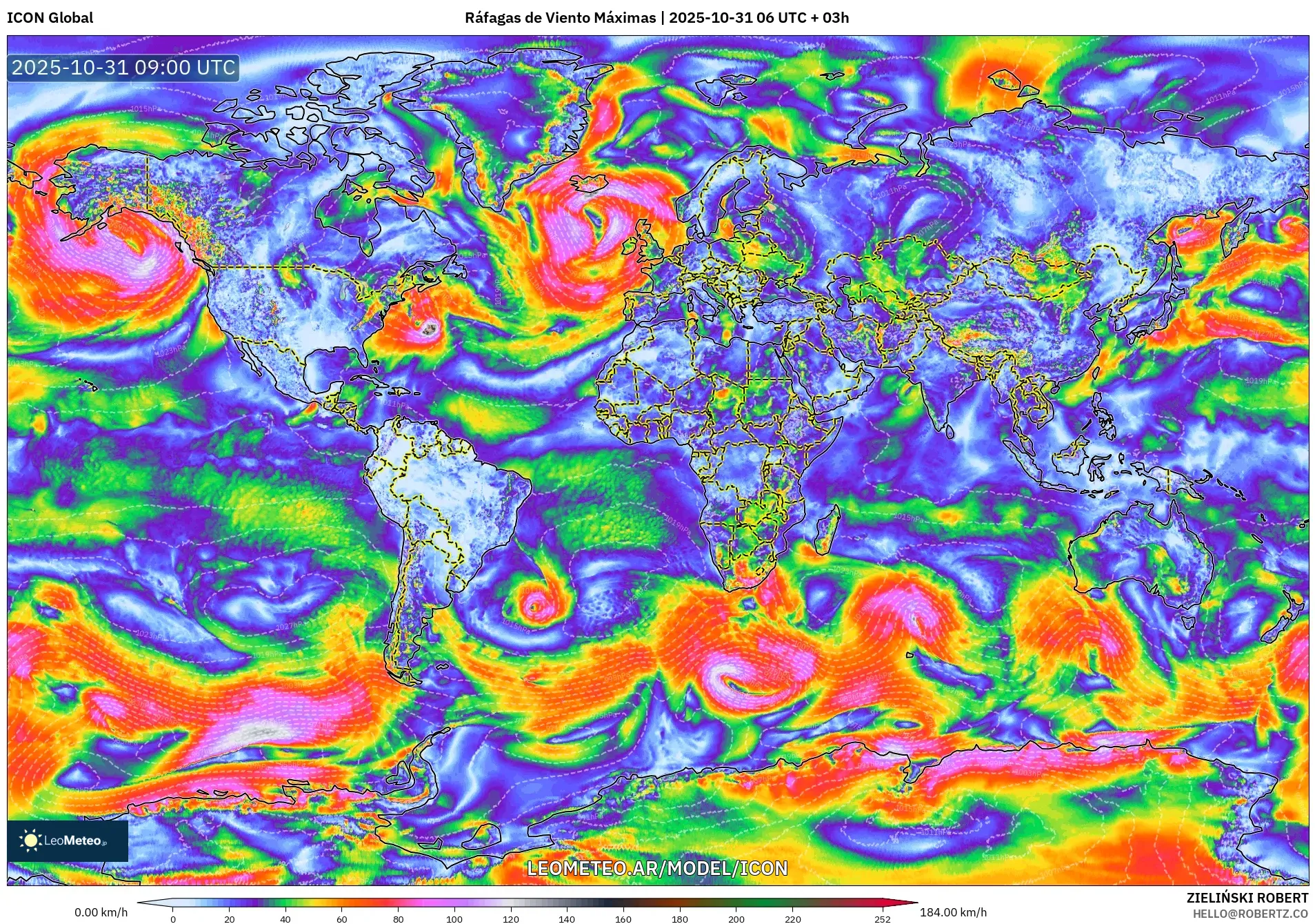 ICON model - Mundo, Ráfagas de Viento Máximas ICON model - Mundo, Ráfagas de Viento Máximas