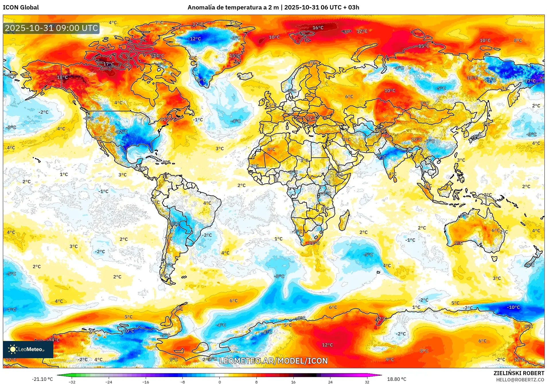 ICON model - Mundo, Anomalía de temperatura a 2 m ICON model - Mundo, Anomalía de temperatura a 2 m